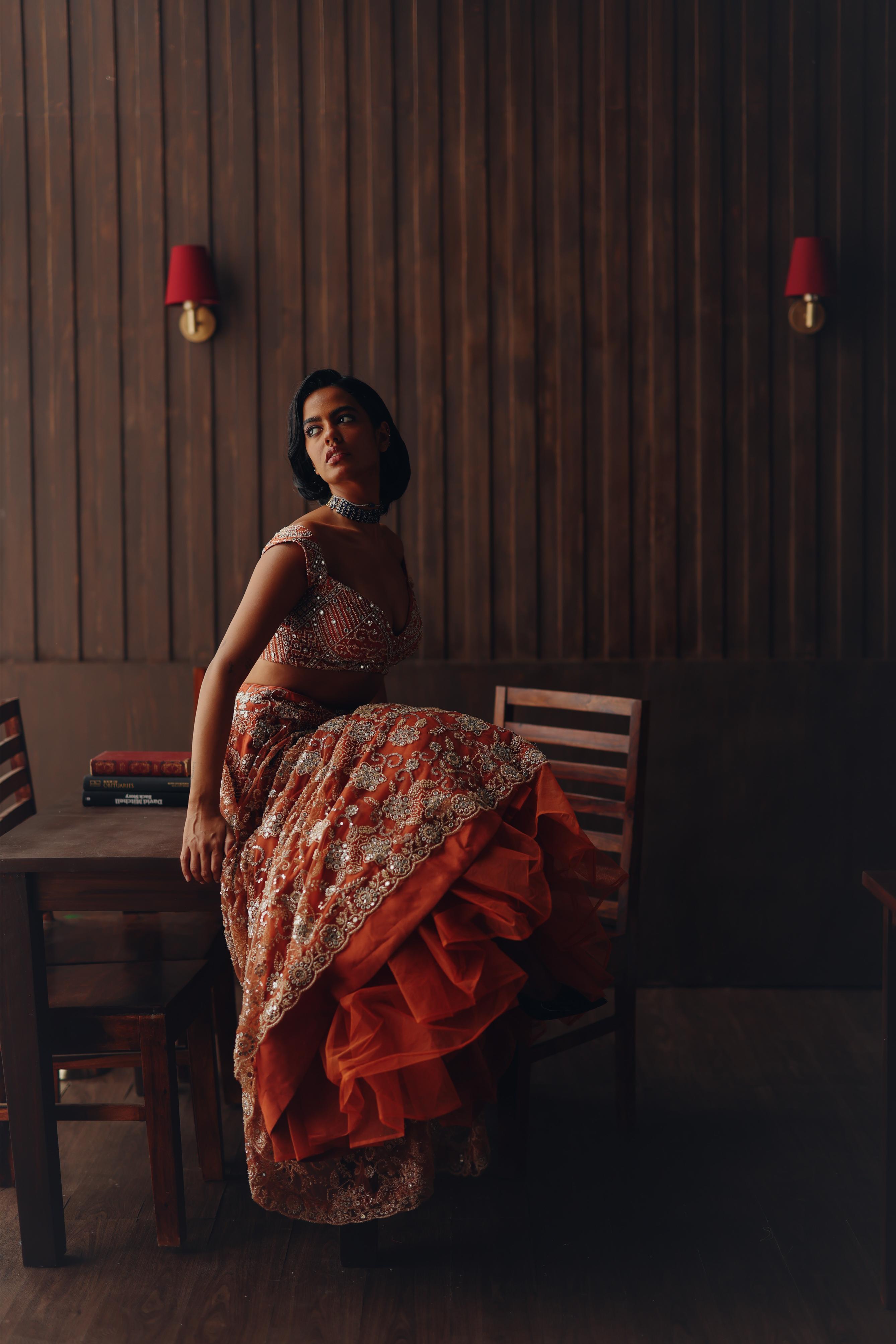 Rust Beaded Blossom Lehenga