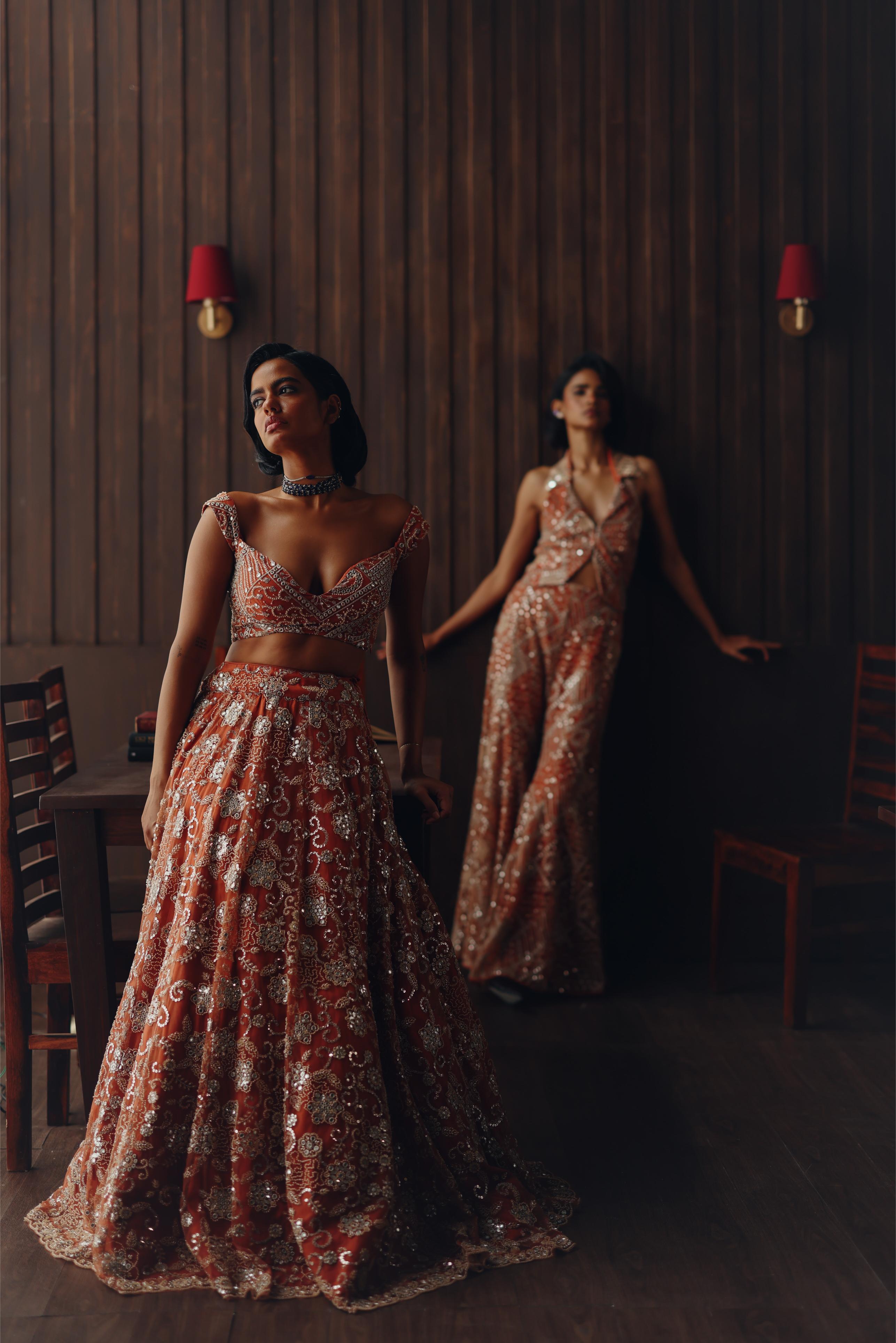 Rust Beaded Blossom Lehenga
