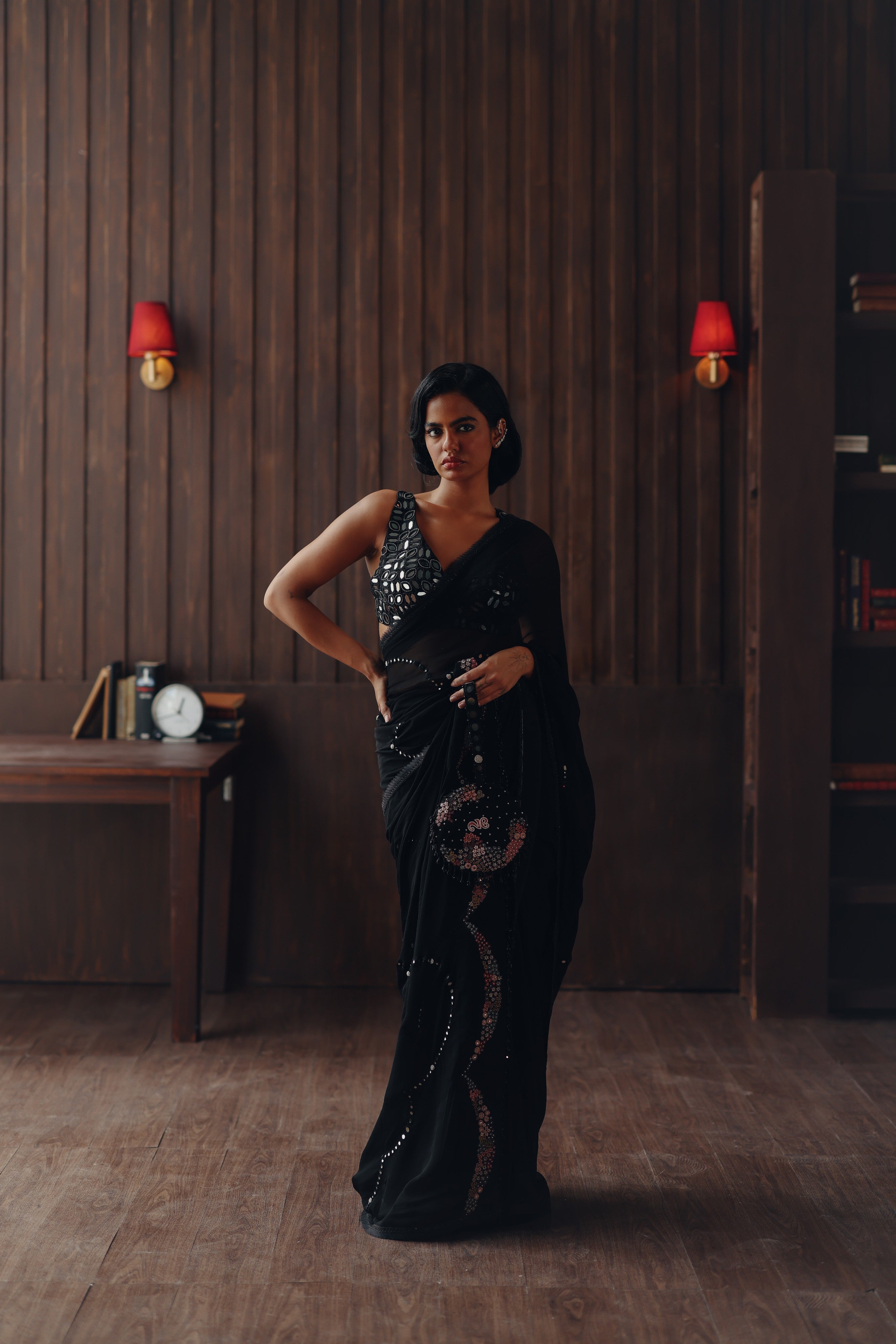 Georgette embellished saree with Mirrorwork Bralette