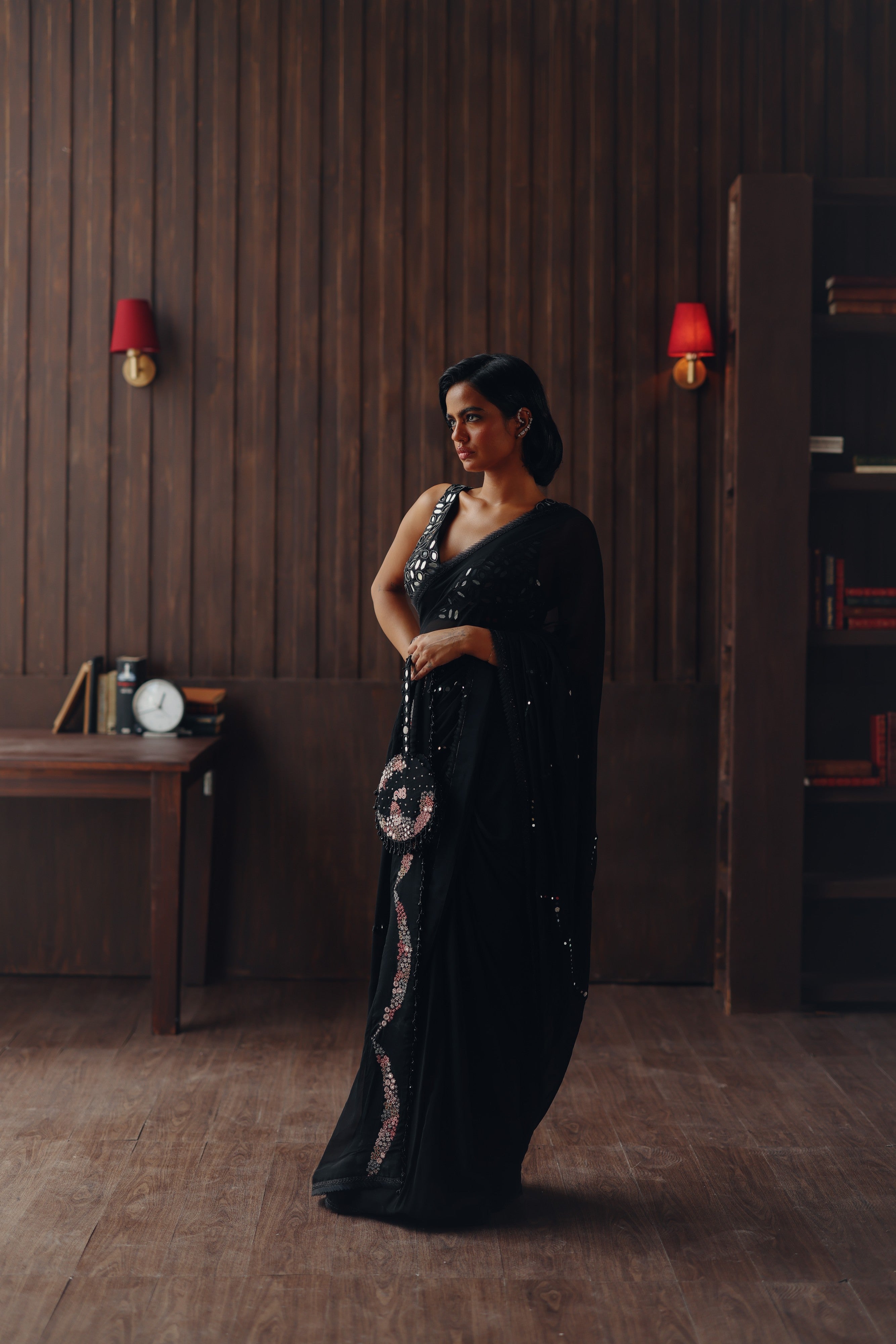 Georgette embellished saree with Mirrorwork Bralette