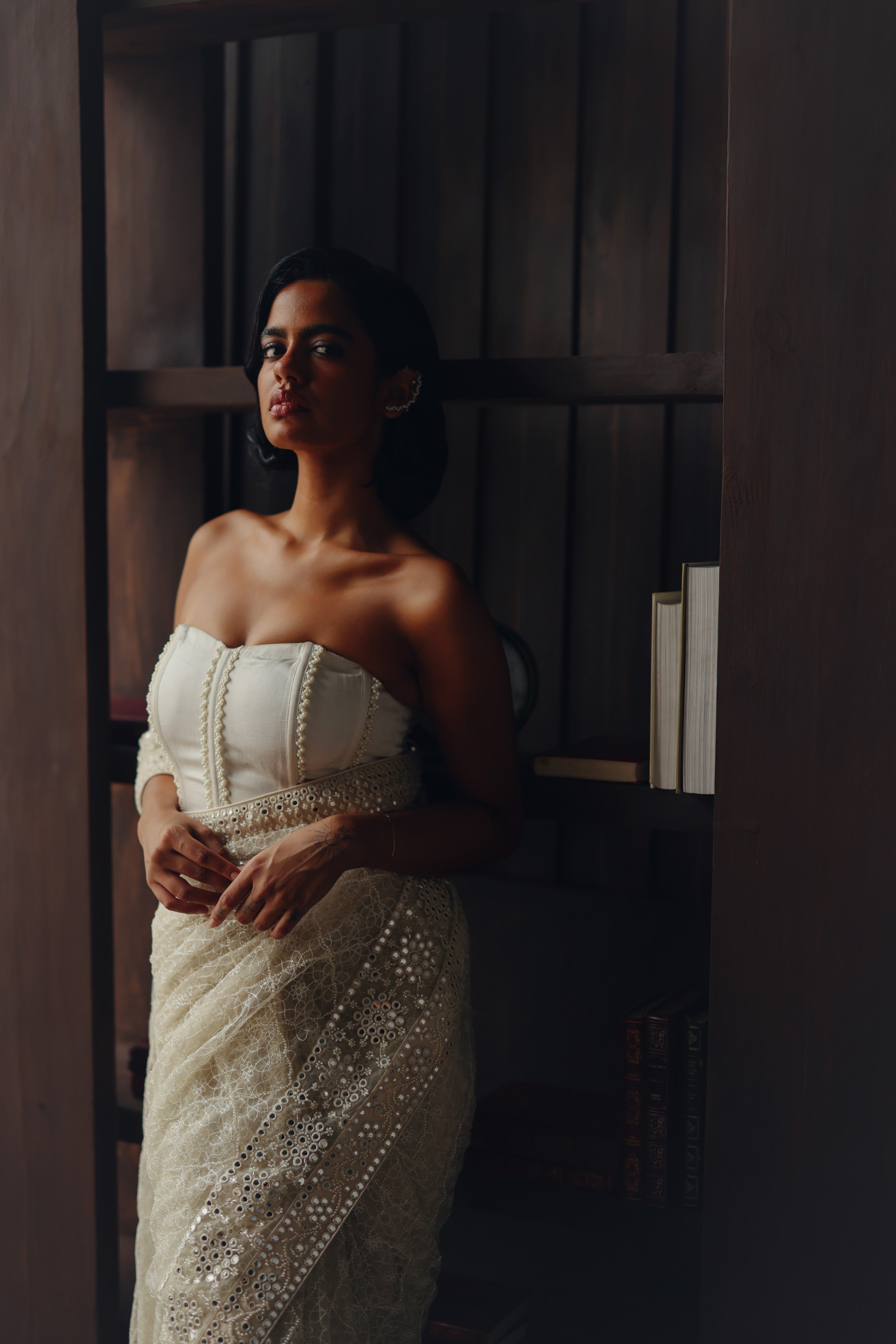 Beadwork jaal saree with corset