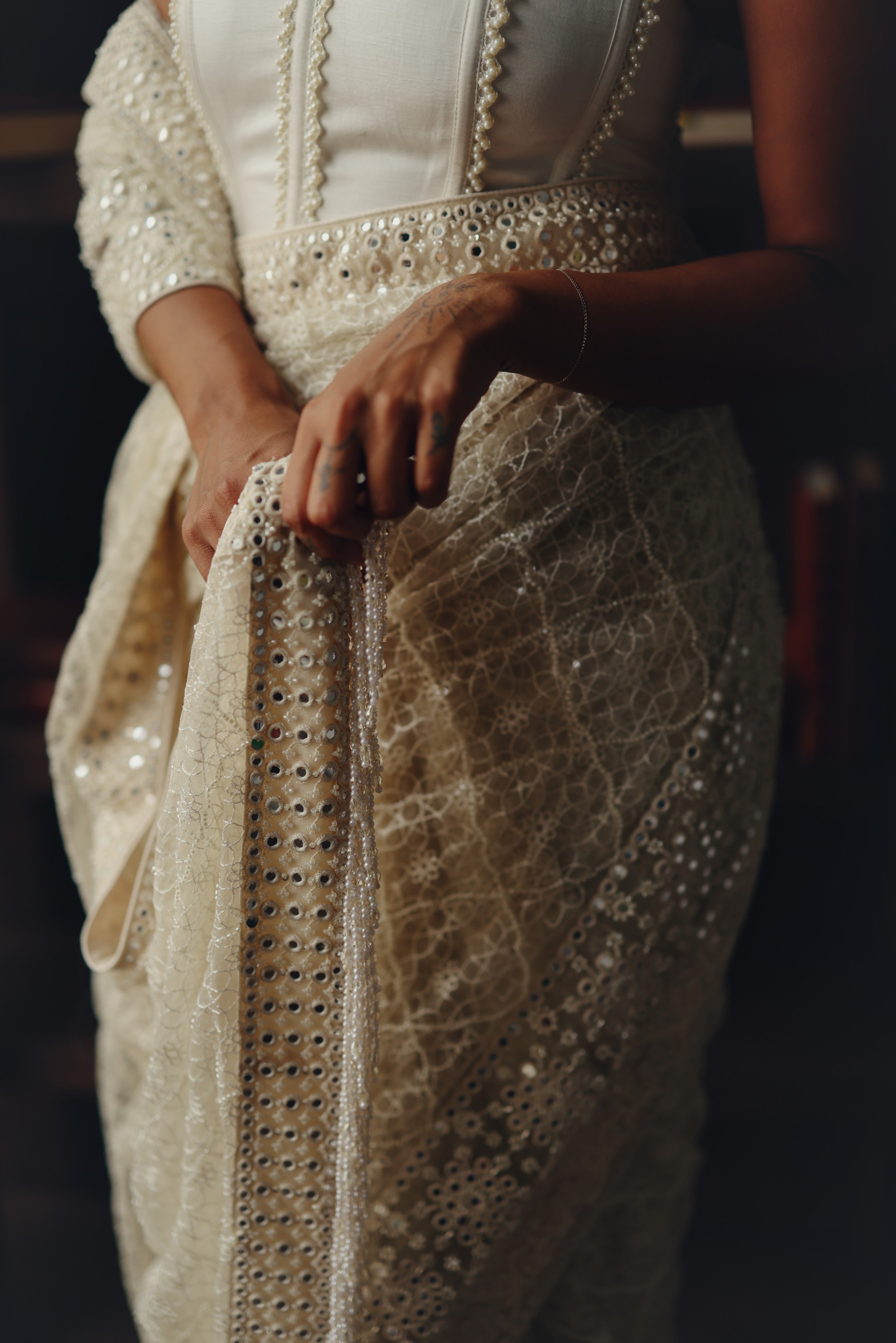 Beadwork jaal saree with corset