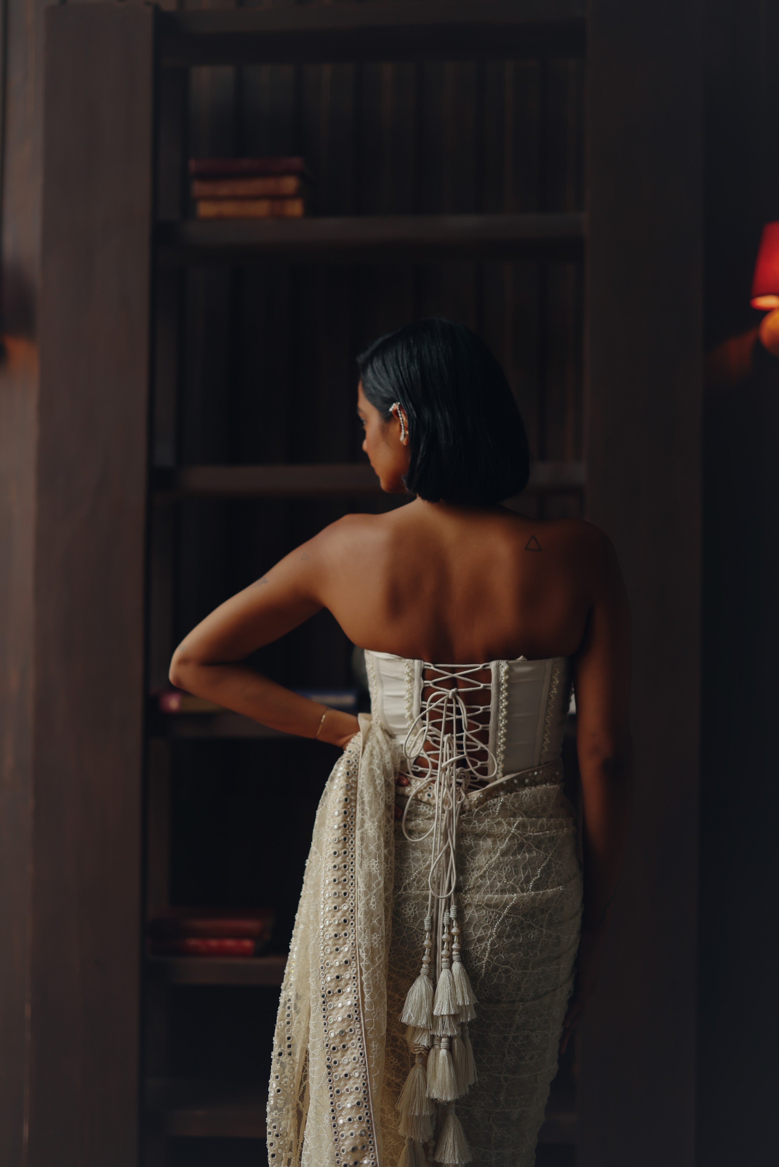 Beadwork jaal saree with corset