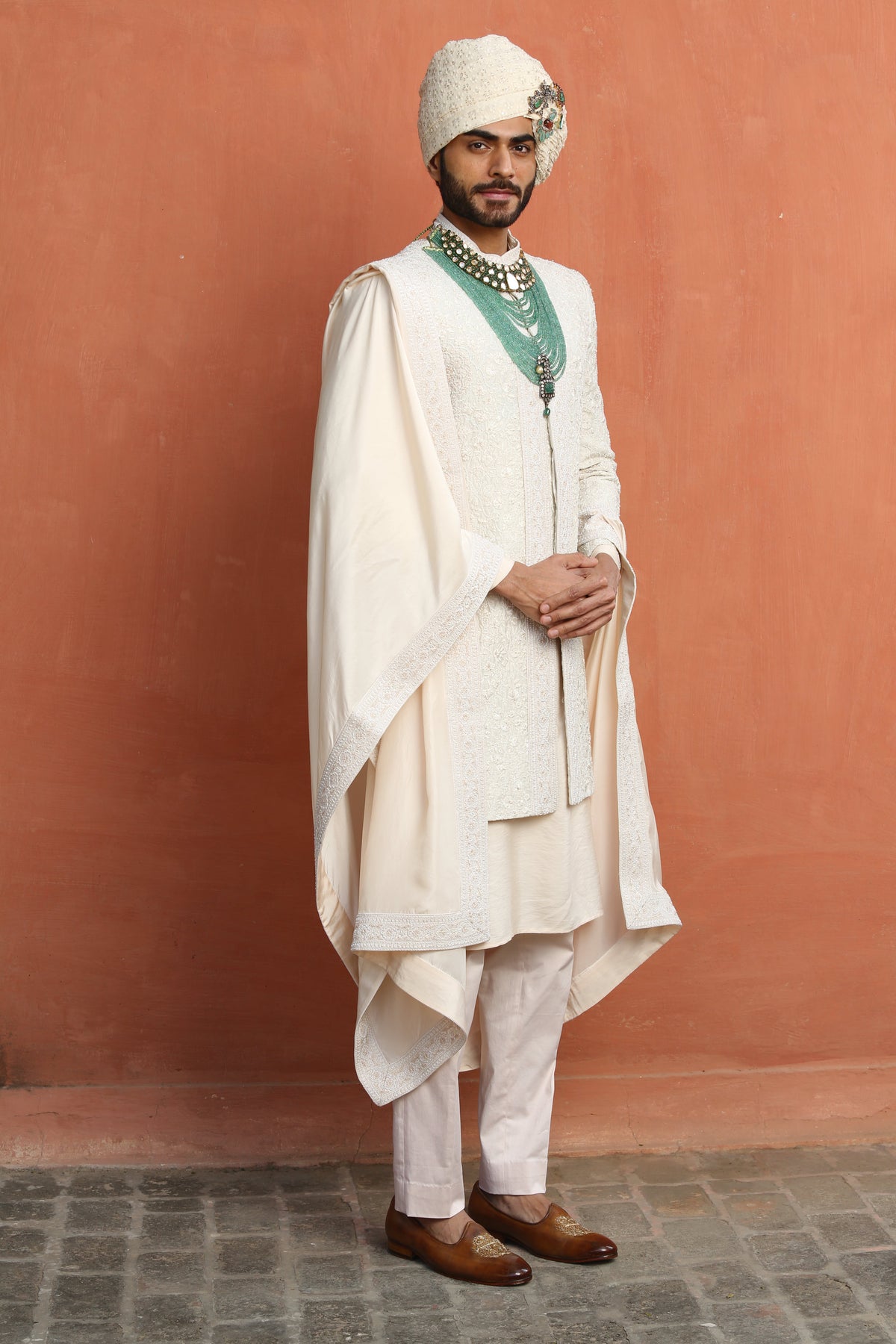 IVORY EMBROIDERED RAW SILK ACHKAN WITH KURTA AND TROUSER