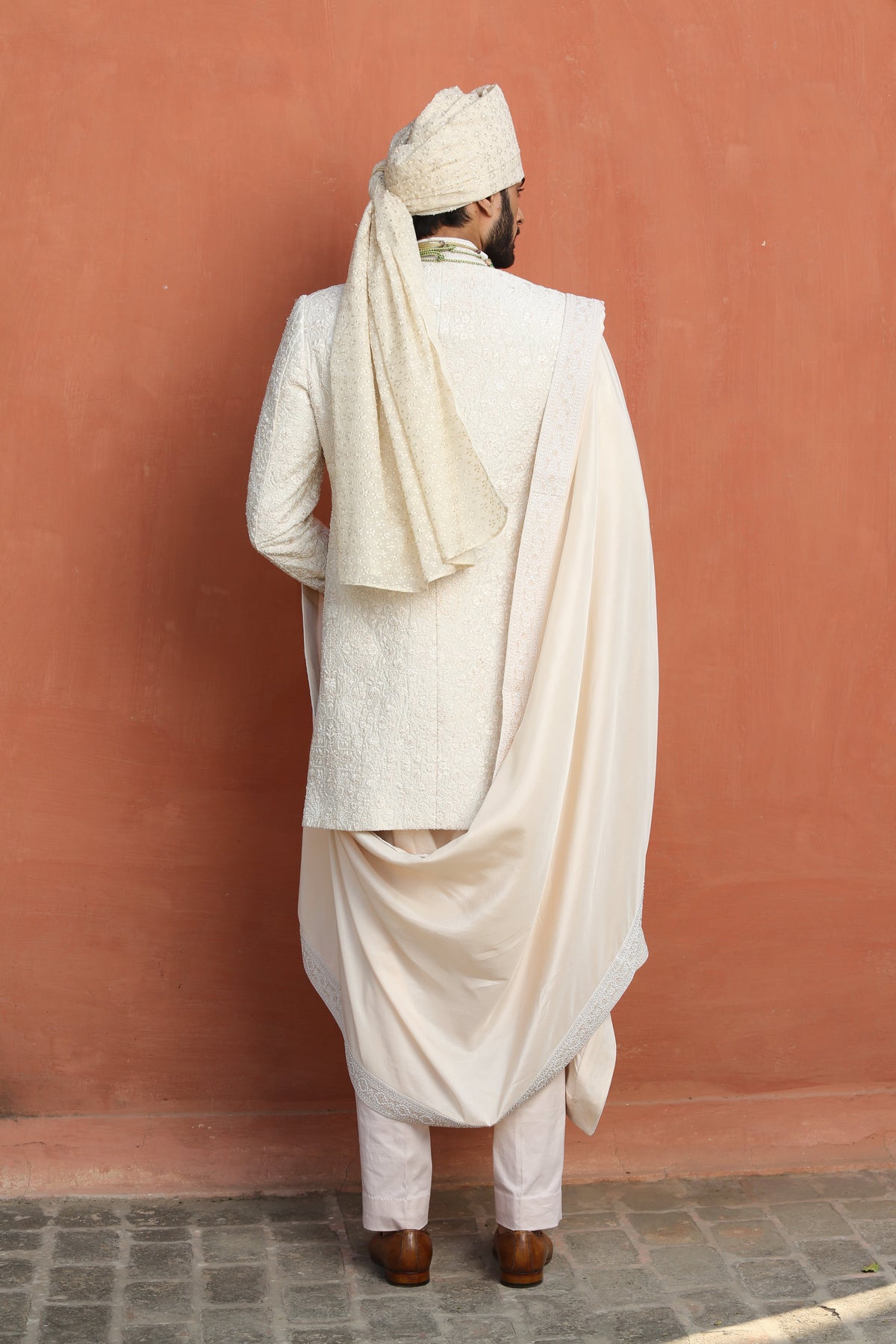 IVORY EMBROIDERED RAW SILK ACHKAN WITH KURTA AND TROUSER