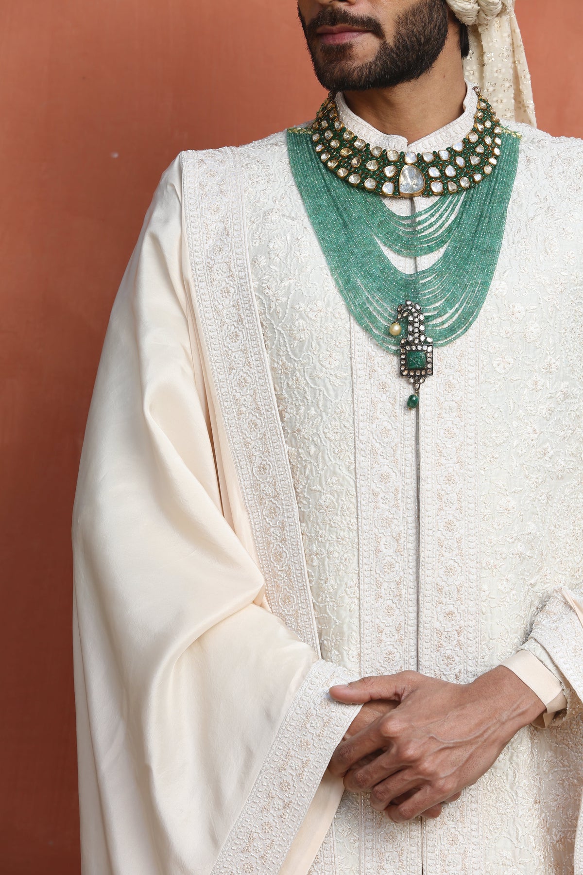 IVORY EMBROIDERED RAW SILK ACHKAN WITH KURTA AND TROUSER
