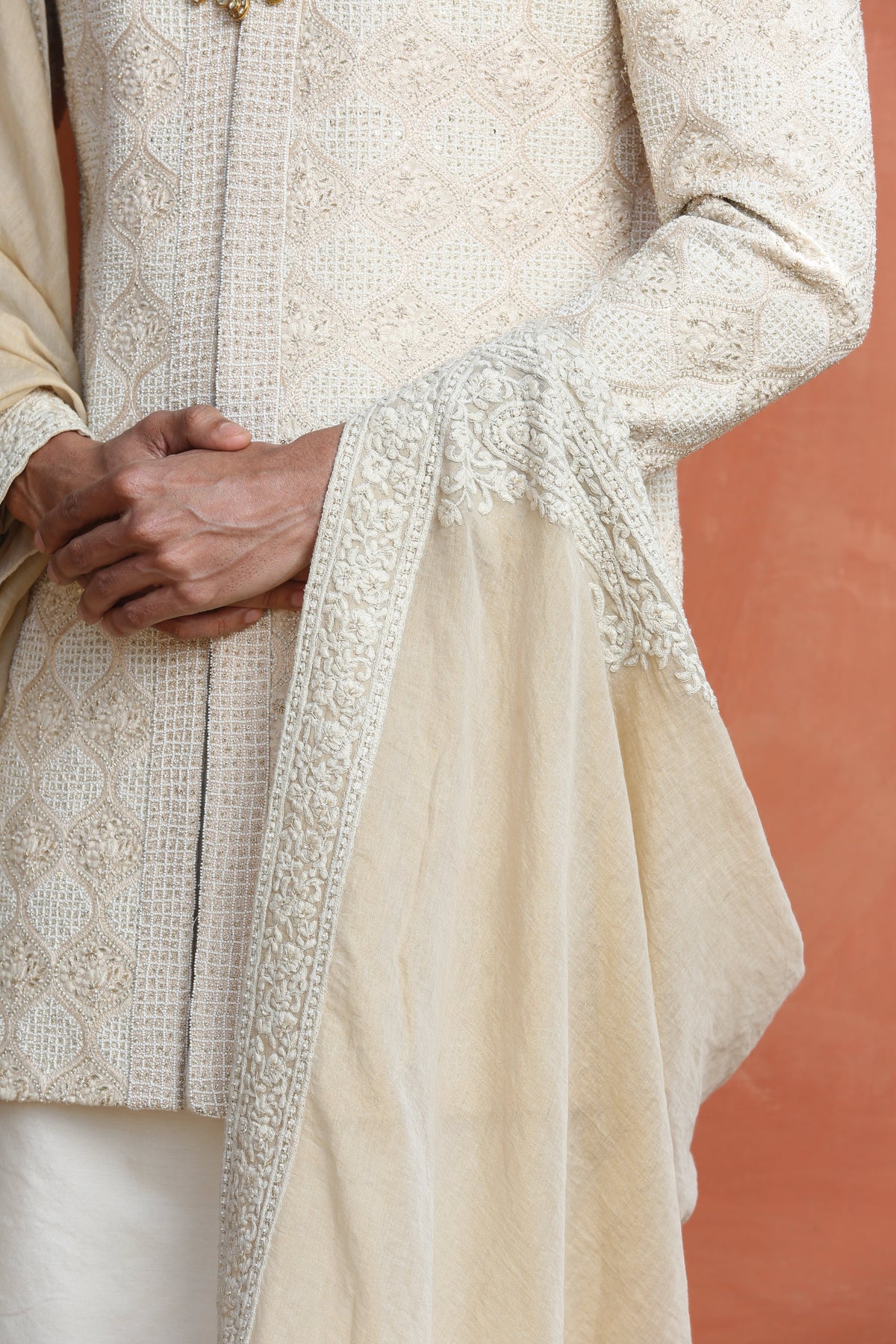 BEIGE MONGA EMBROIDERED ACHKAN WITH KURTA AND CHURIDAR