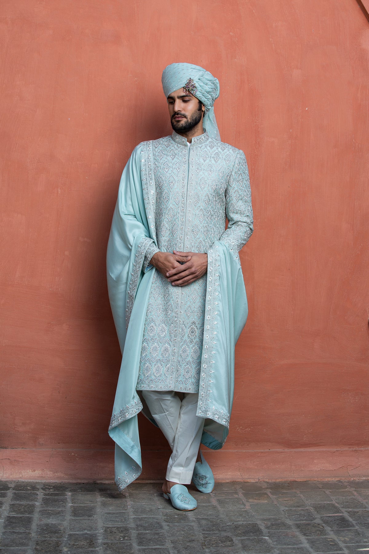 AQUA BLUE DUPION SILK EMBROIDERED ACHKAN WITH MONGA KURTA AND PANT