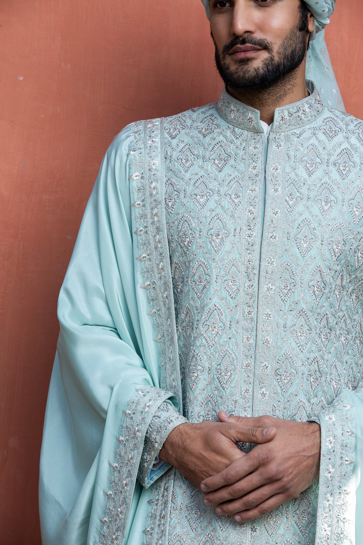 AQUA BLUE DUPION SILK EMBROIDERED ACHKAN WITH MONGA KURTA AND PANT
