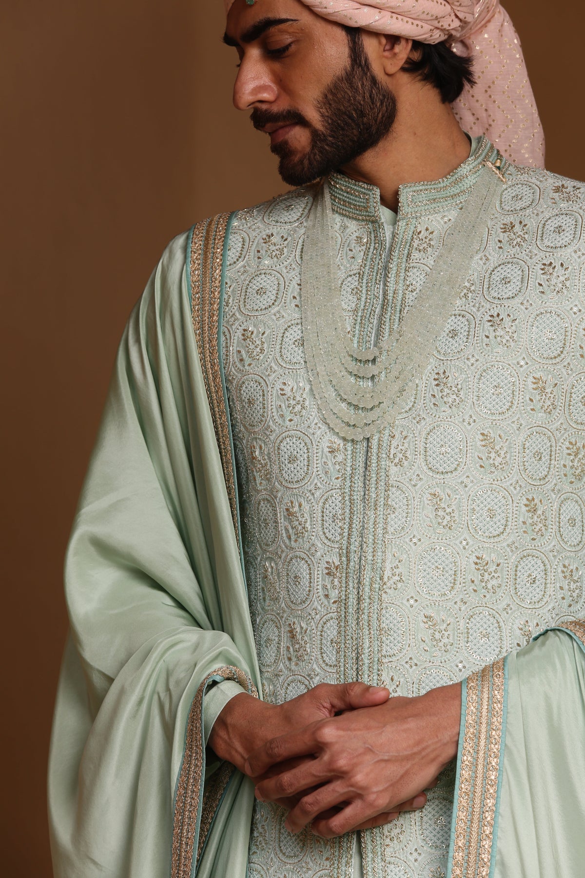 MINT GREEN MONGA EMBROIDERY ACHKAN WITH KURTA AND PANTS