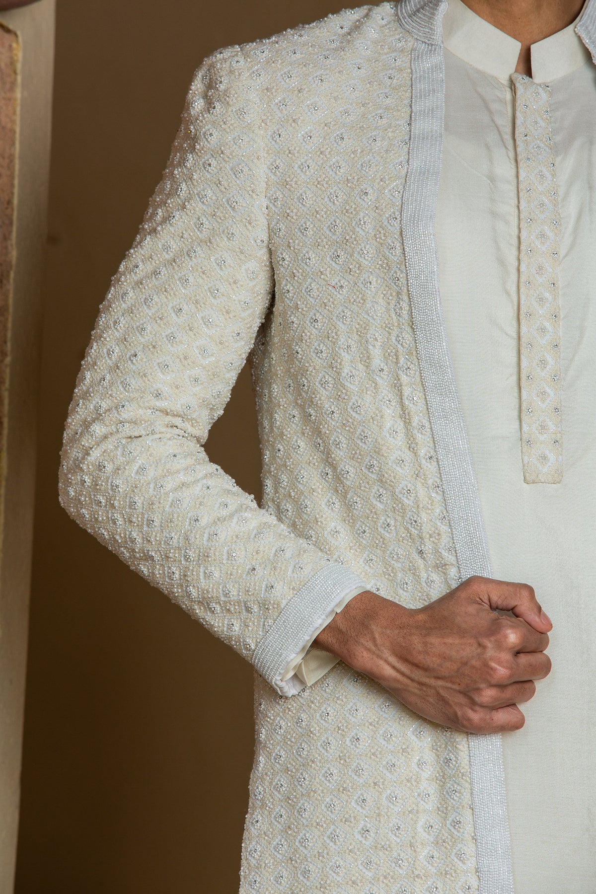 IVORY EMBROIDERED LONG JACKET WITH KURTA AND SALWAR