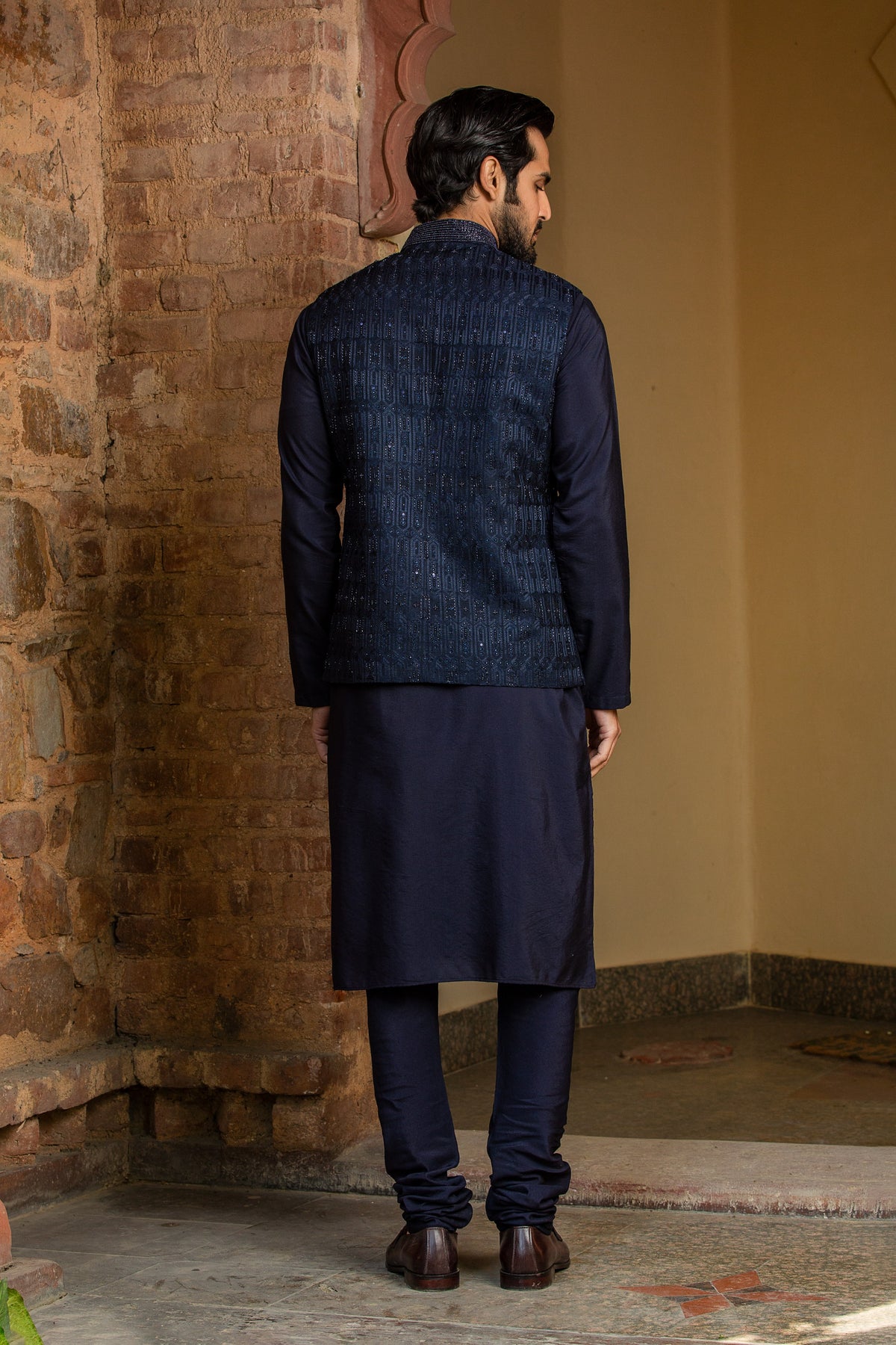 NAVY BLUE KURTA CHURIDAR WITH RAW SILK ALL OVER EMBROIDERED NEHRU JACKET