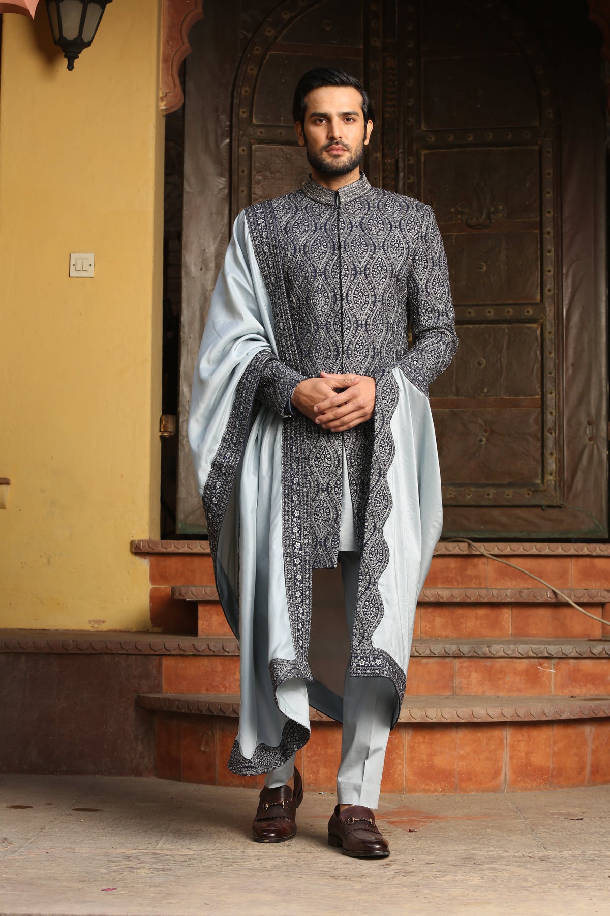 NAVY BLUE MATKA TUSSAR ALL OVER EMBROIDERED ACHKAN WITH ICE BLUE KURTA AND TROUSER