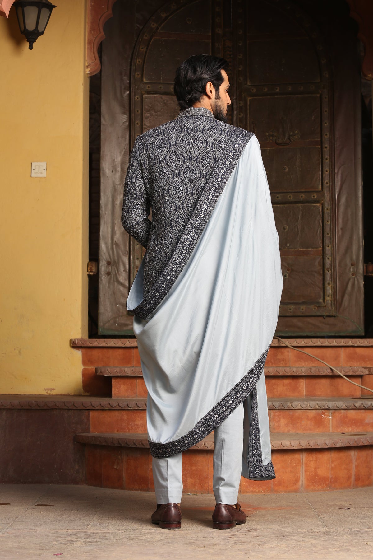 NAVY BLUE MATKA TUSSAR ALL OVER EMBROIDERED ACHKAN WITH ICE BLUE KURTA AND TROUSER