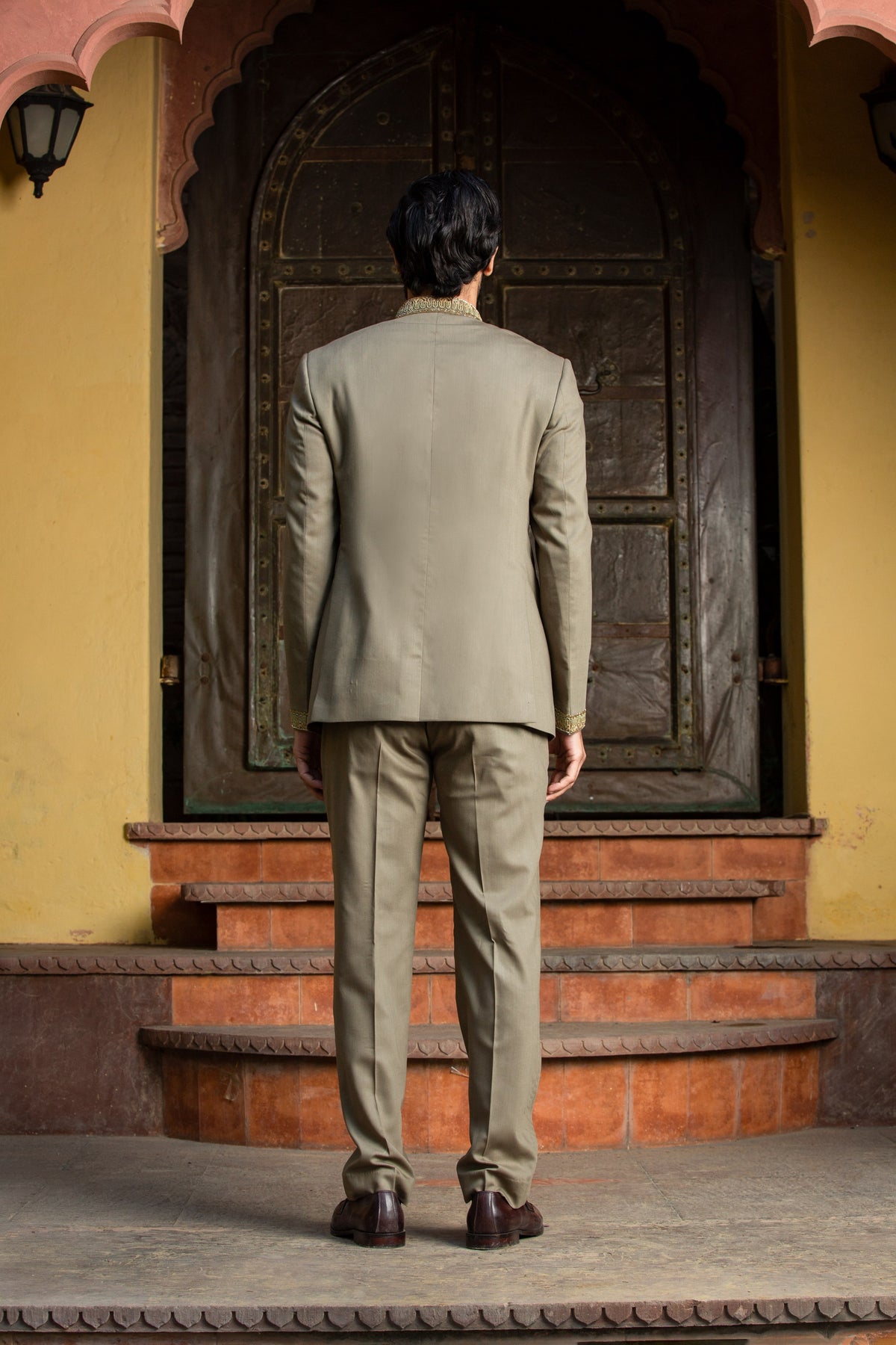OLIVE GREEN JODHPURI SUIT ZARDOZI EMBROIDERED