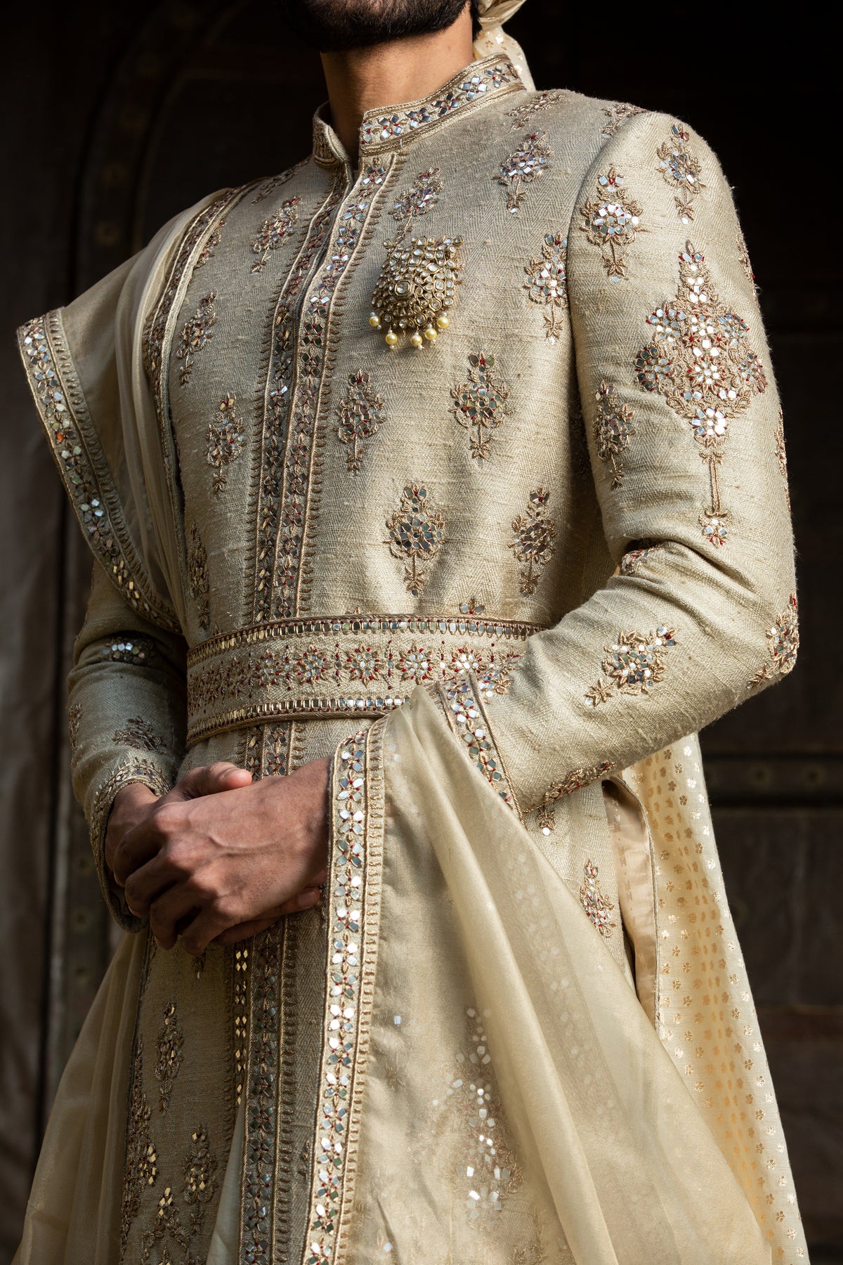 GOLD TWILL MATKA ACHKAN WITH BELT ZARDOZI EMBROIDERED WITH MONGA GATHERED KURTA AND CHURIDAR