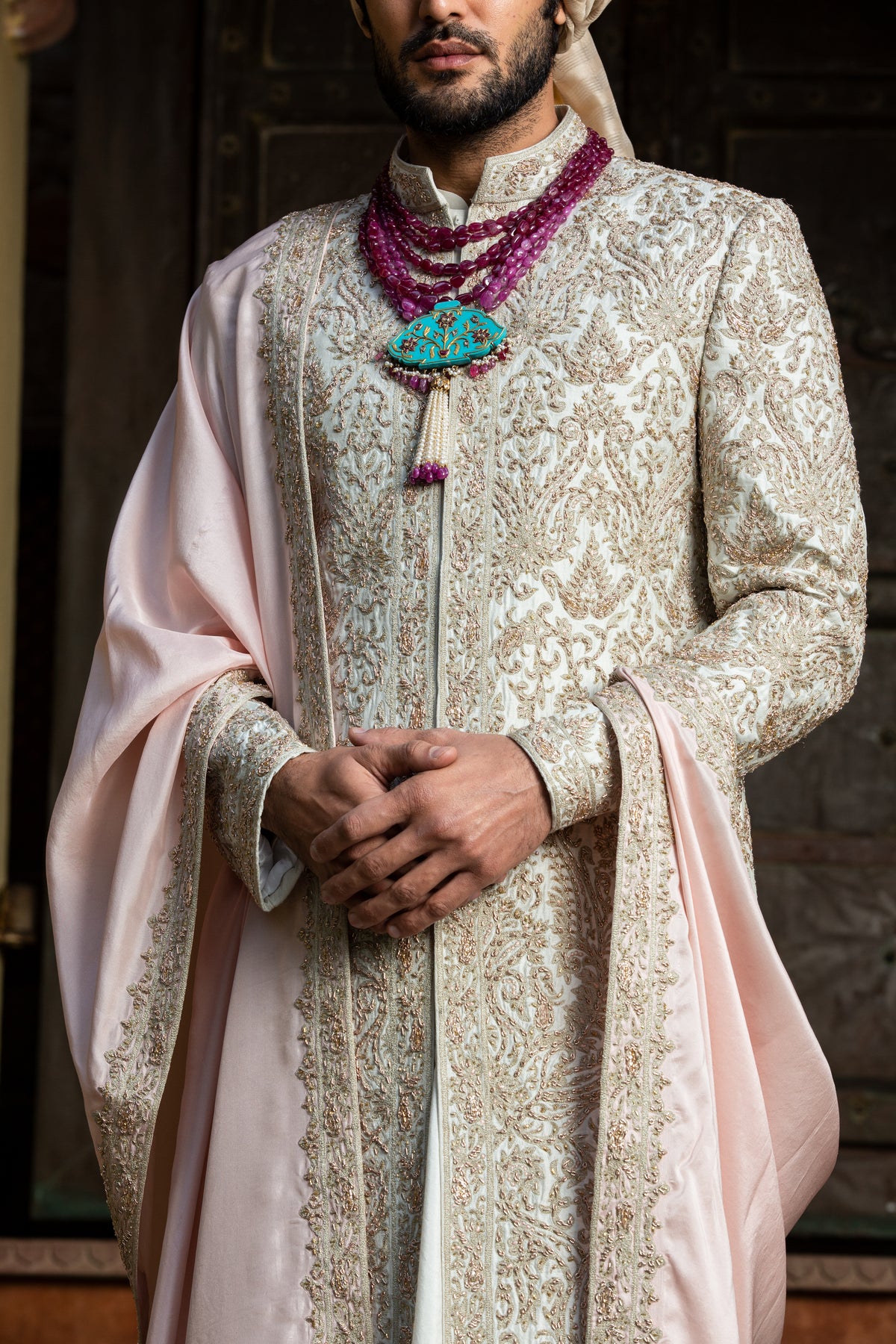 IVORY TAFETTA ACHKAN ALL OVER EMBROIDERED WITH MONGA KURTA AND CHURIDAR