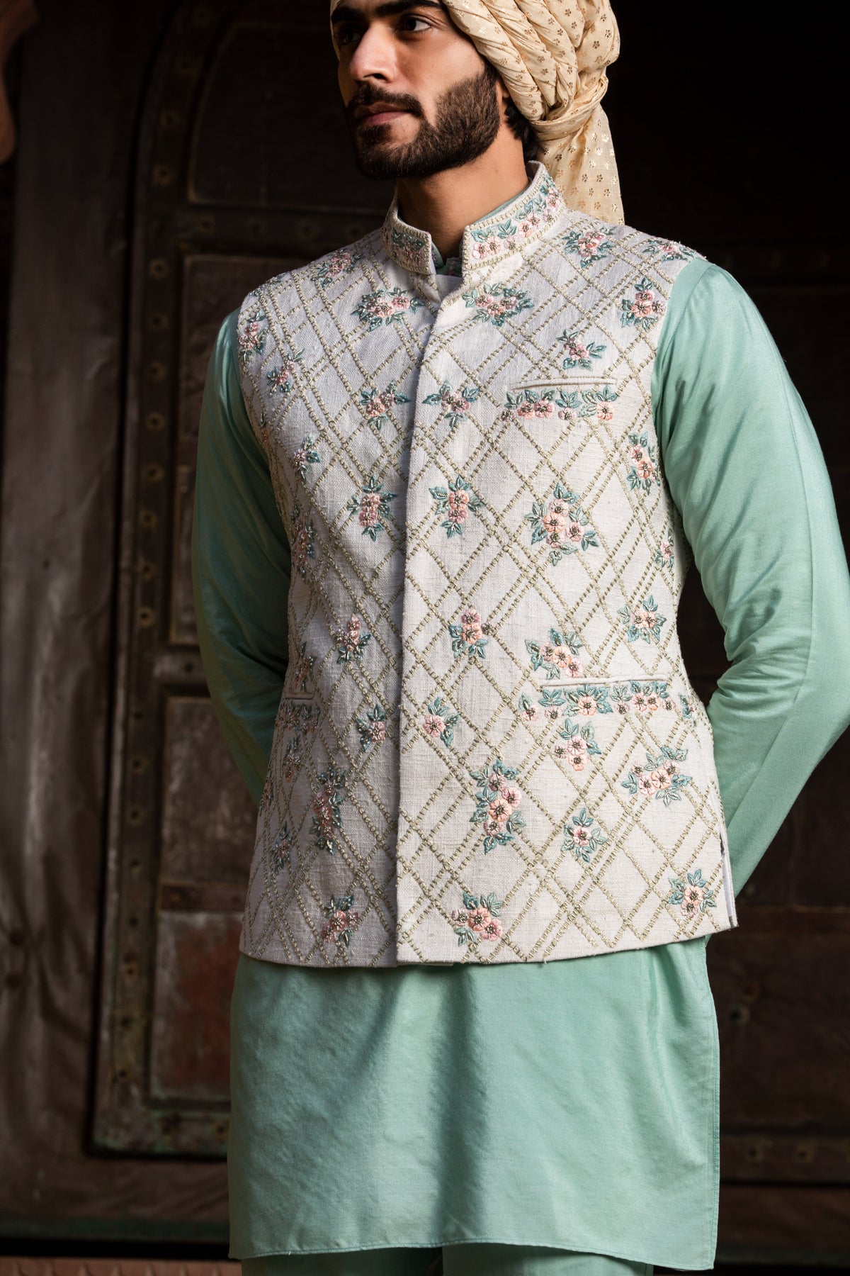CREAM MATKA EMBROIDERED JACKET WITH MINT GREEN KURTA AND PANTS