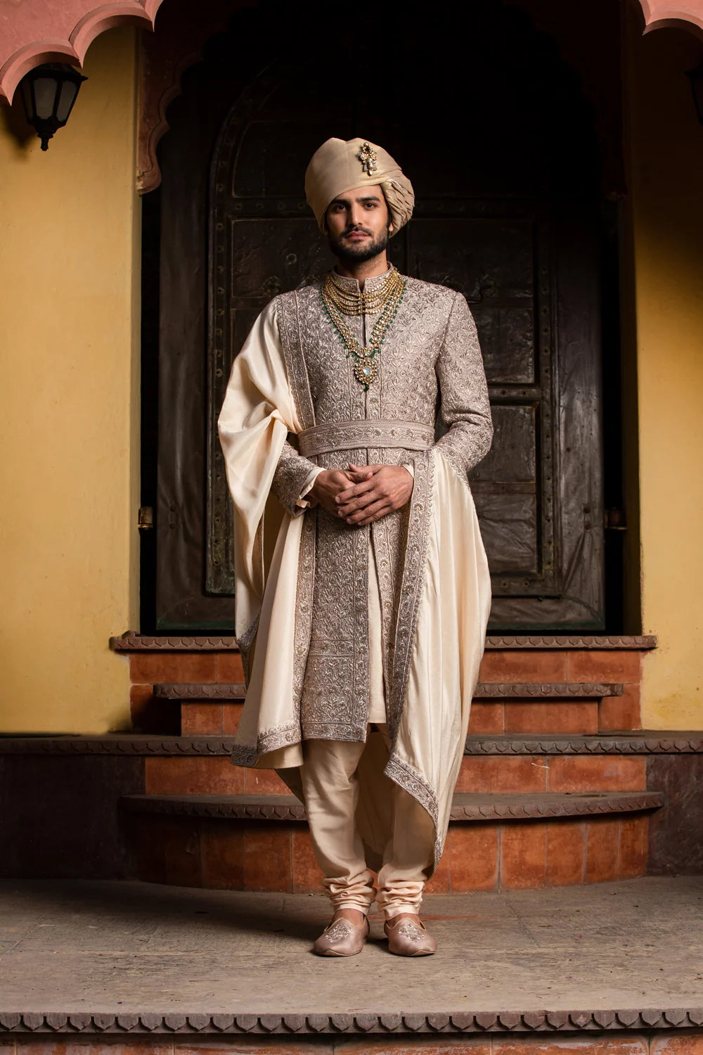 COFFEE RAW SILK ACHKAN WITH BELT AND MONGA + CHURIDAR