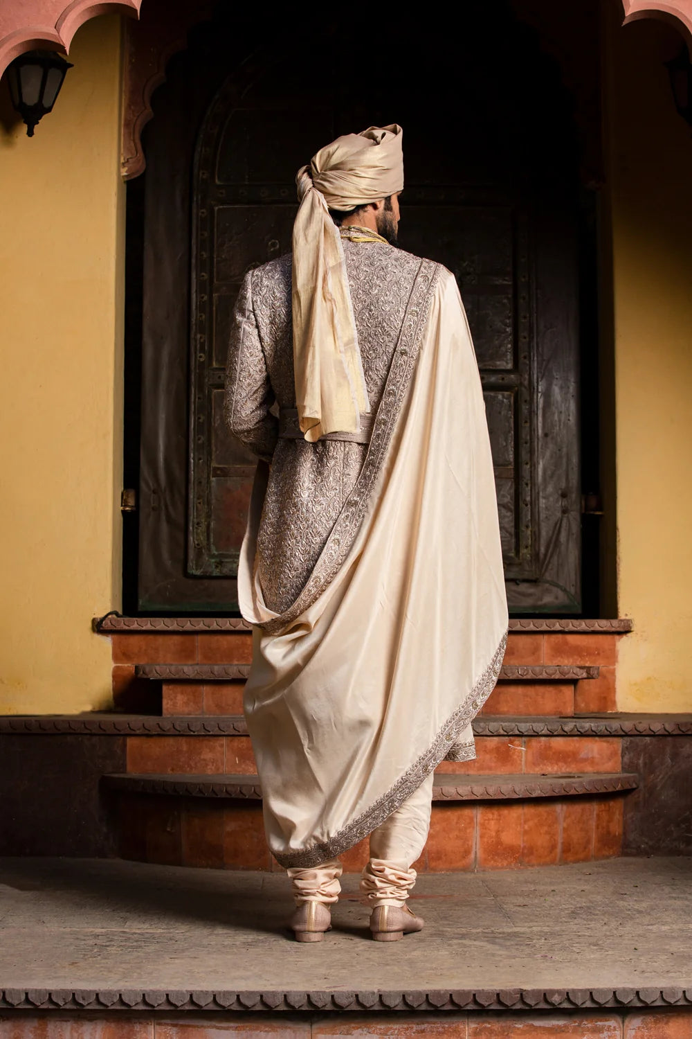 COFFEE RAW SILK ACHKAN WITH BELT AND MONGA + CHURIDAR
