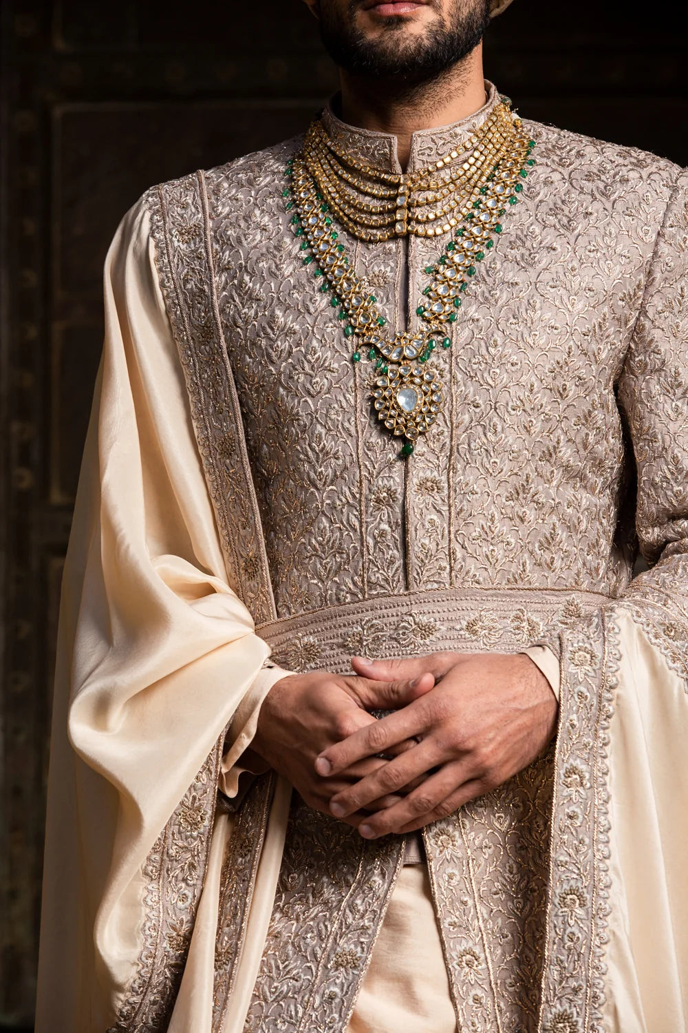 COFFEE RAW SILK ACHKAN WITH BELT AND MONGA + CHURIDAR