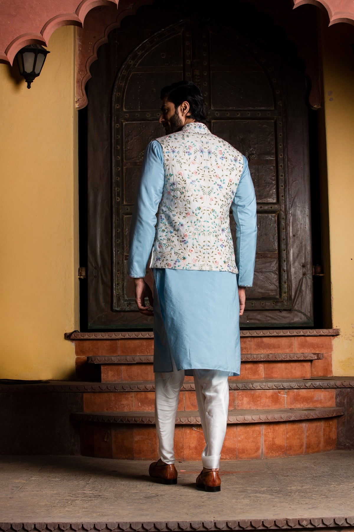 IVORY FLORAL MATKA JACKET WITH POWDER BLUE KURTA AND IVORY DHOTI