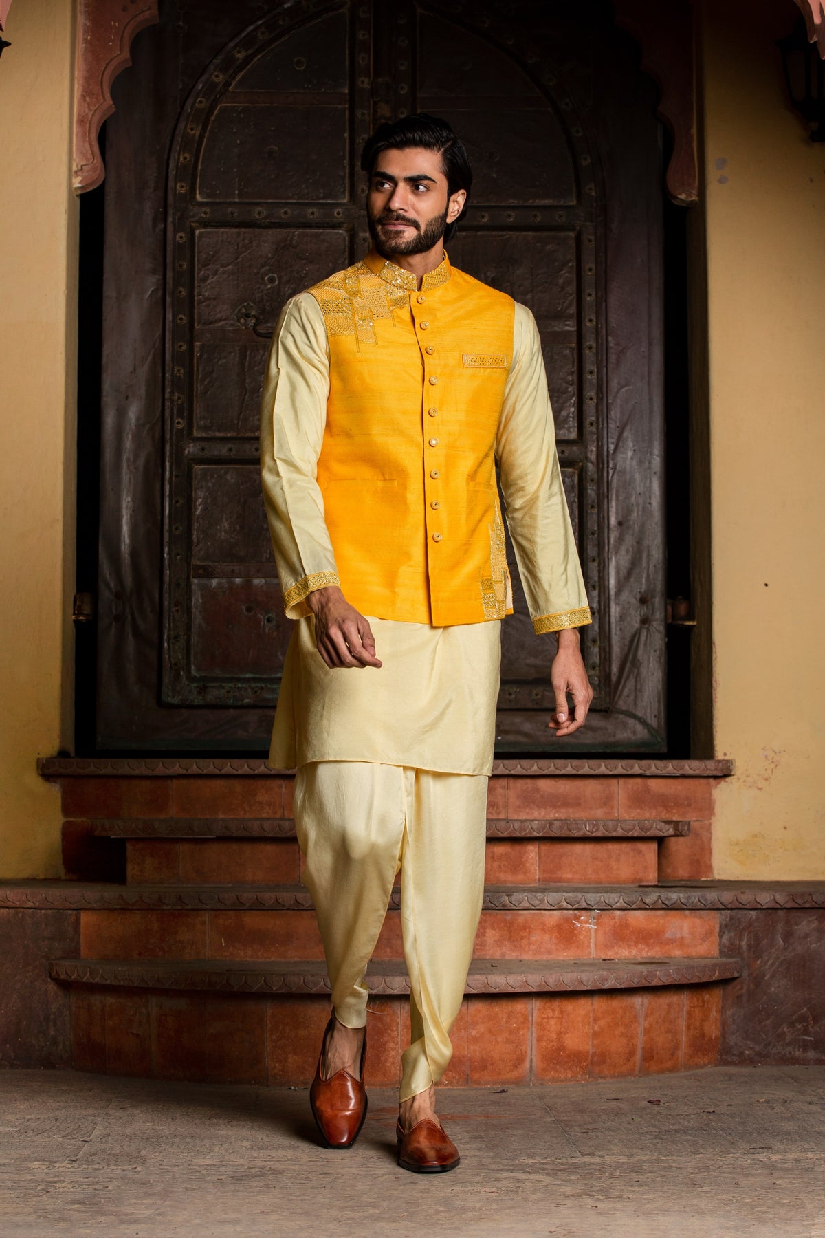 LEMON KURTA DHOTI SET WITH YELLOW RAW SILK EMBROIDERED JACKET