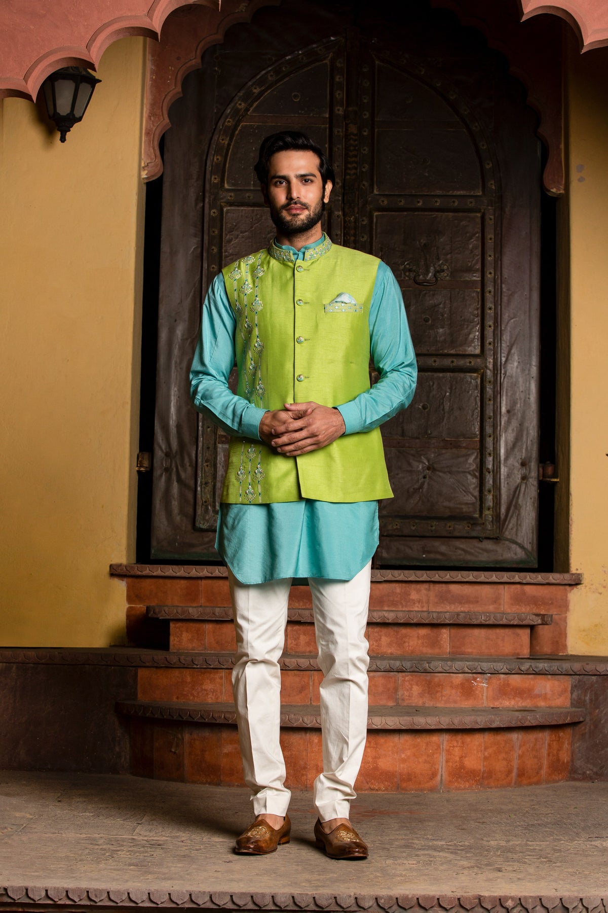 TURQ KURTA WITH LIME RAW SILK JACKET AND PANT