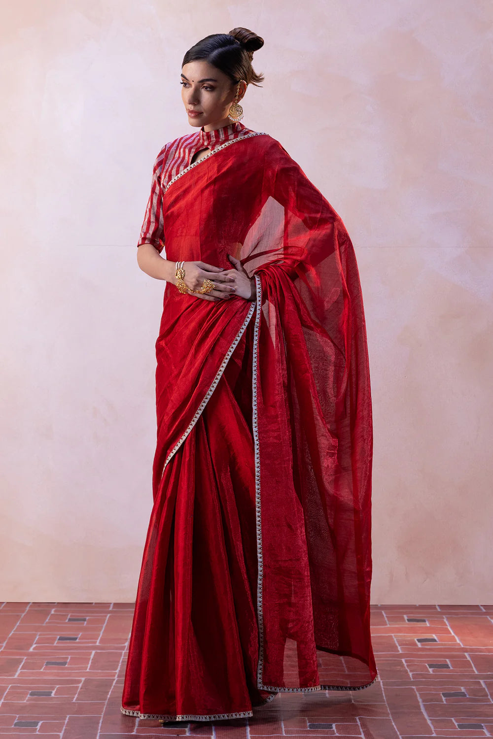 Red Zari Tissue Saree with Silver-Red Stripe Blouse & Petticoat