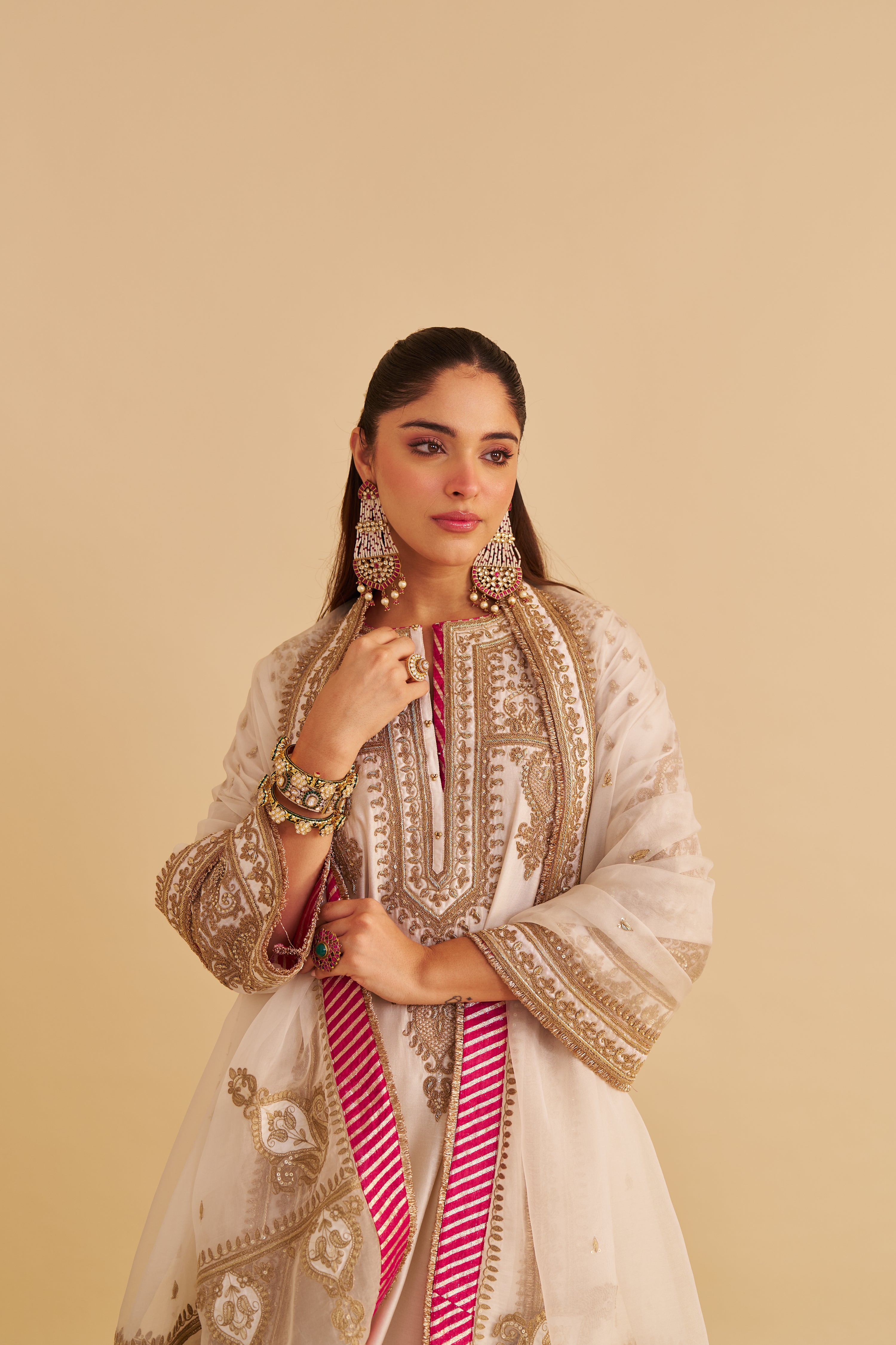 Zoya - Dabka Zardozi Embroidered Rich Banarasi Kalidaar Daisy Ivory Long Chauga Set
