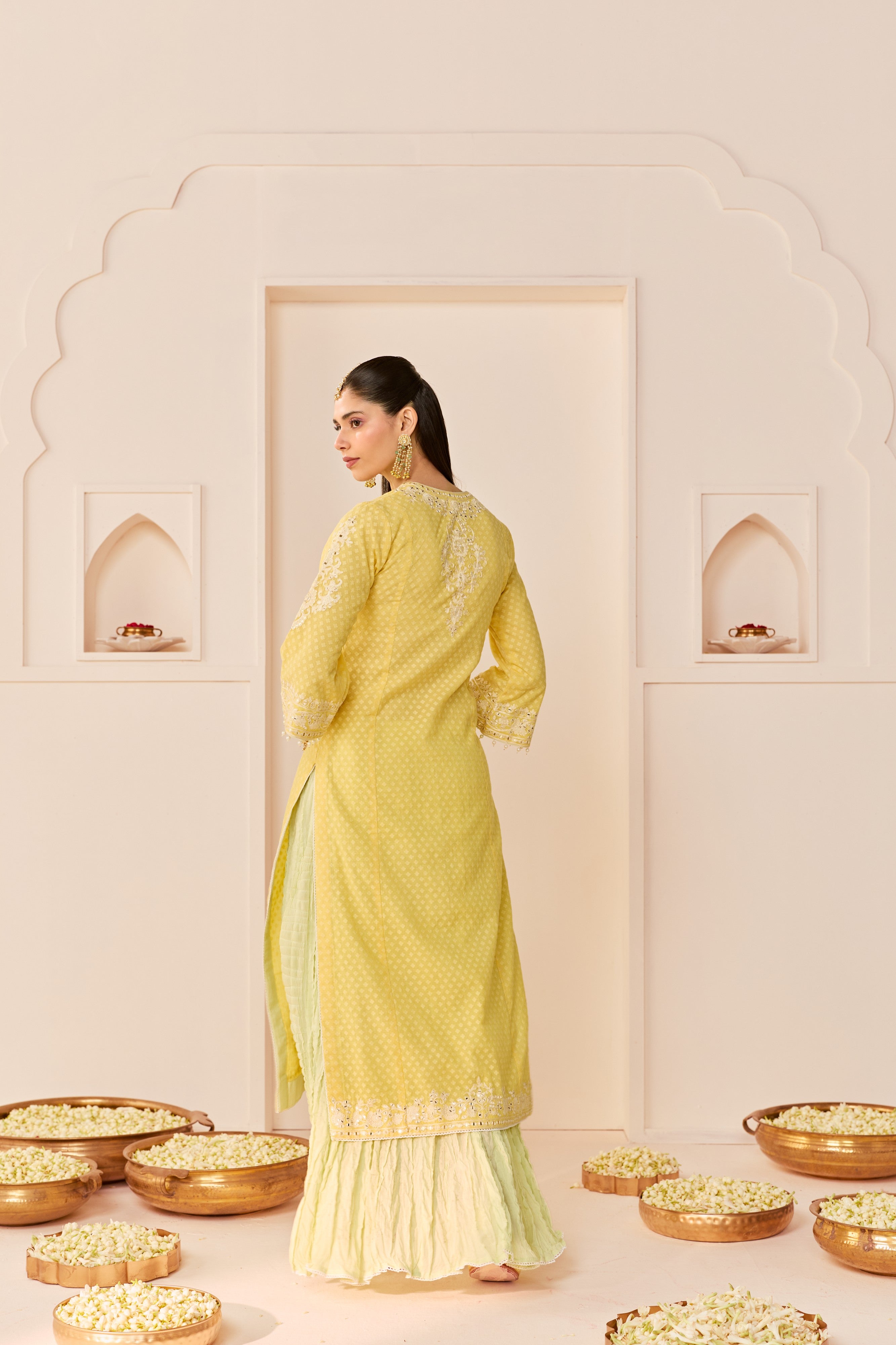 RUHANI - LEMON YELLOW LONG KURTA WITH SKIRT AND DUPATTA