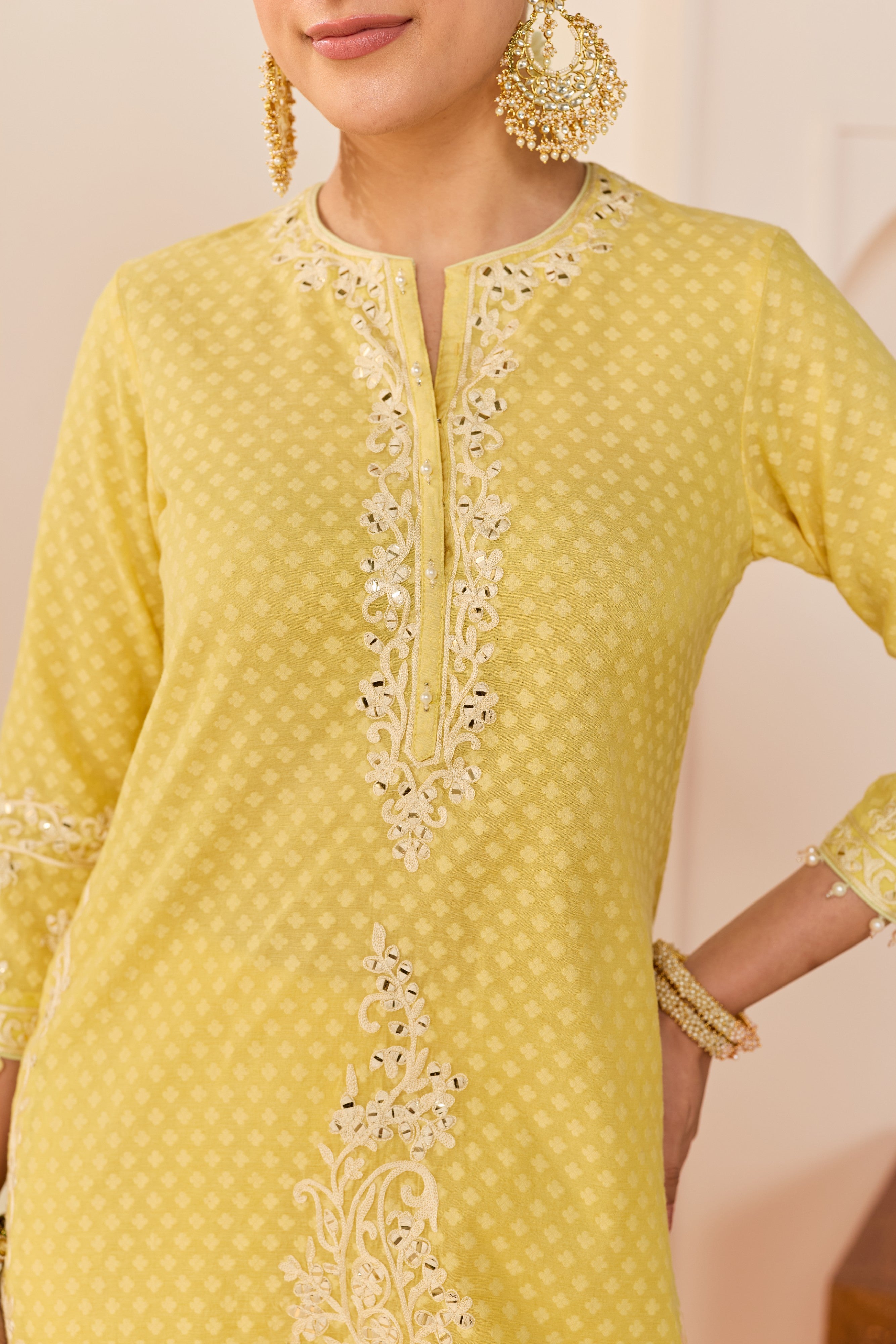 YASNEEN - LEMON YELLOW SHORT KURTA WITH GARARA AND DUPATTA