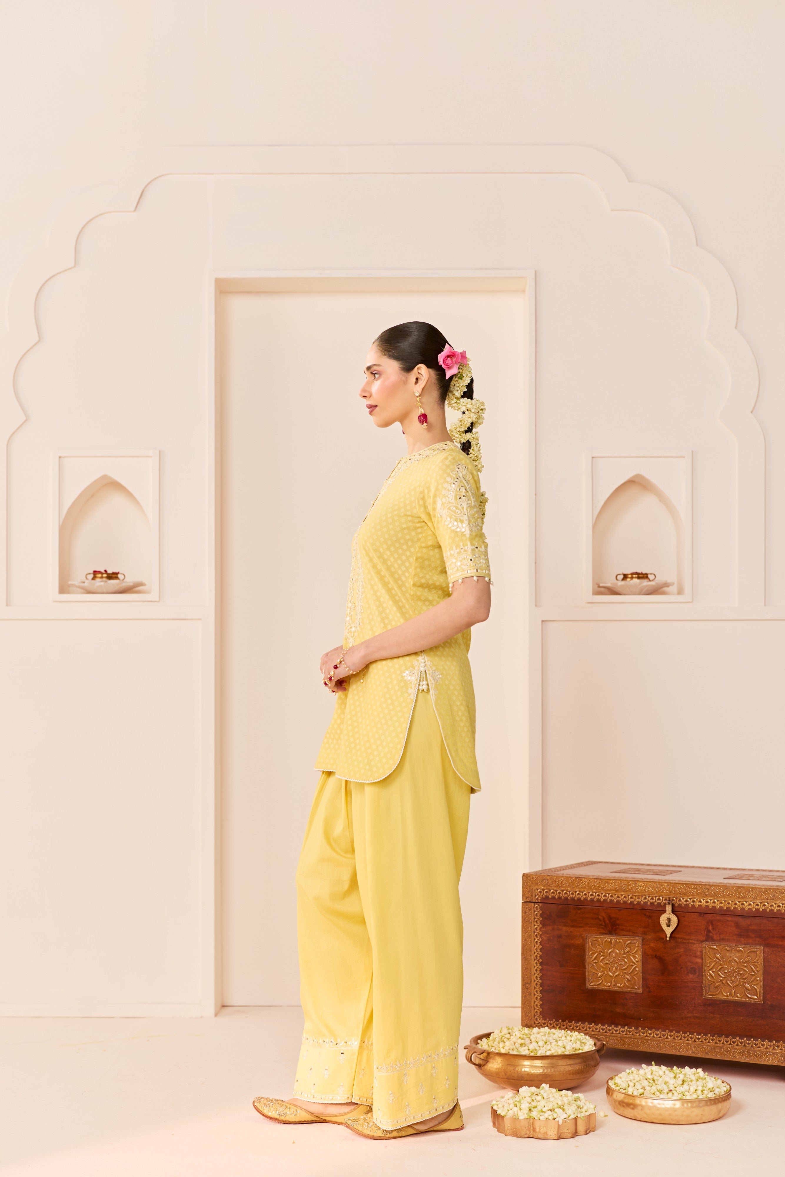 ANAISHA - LEMON YELLOW SHORT KURTA WITH FARSHI SALWAR AND DUPATTA