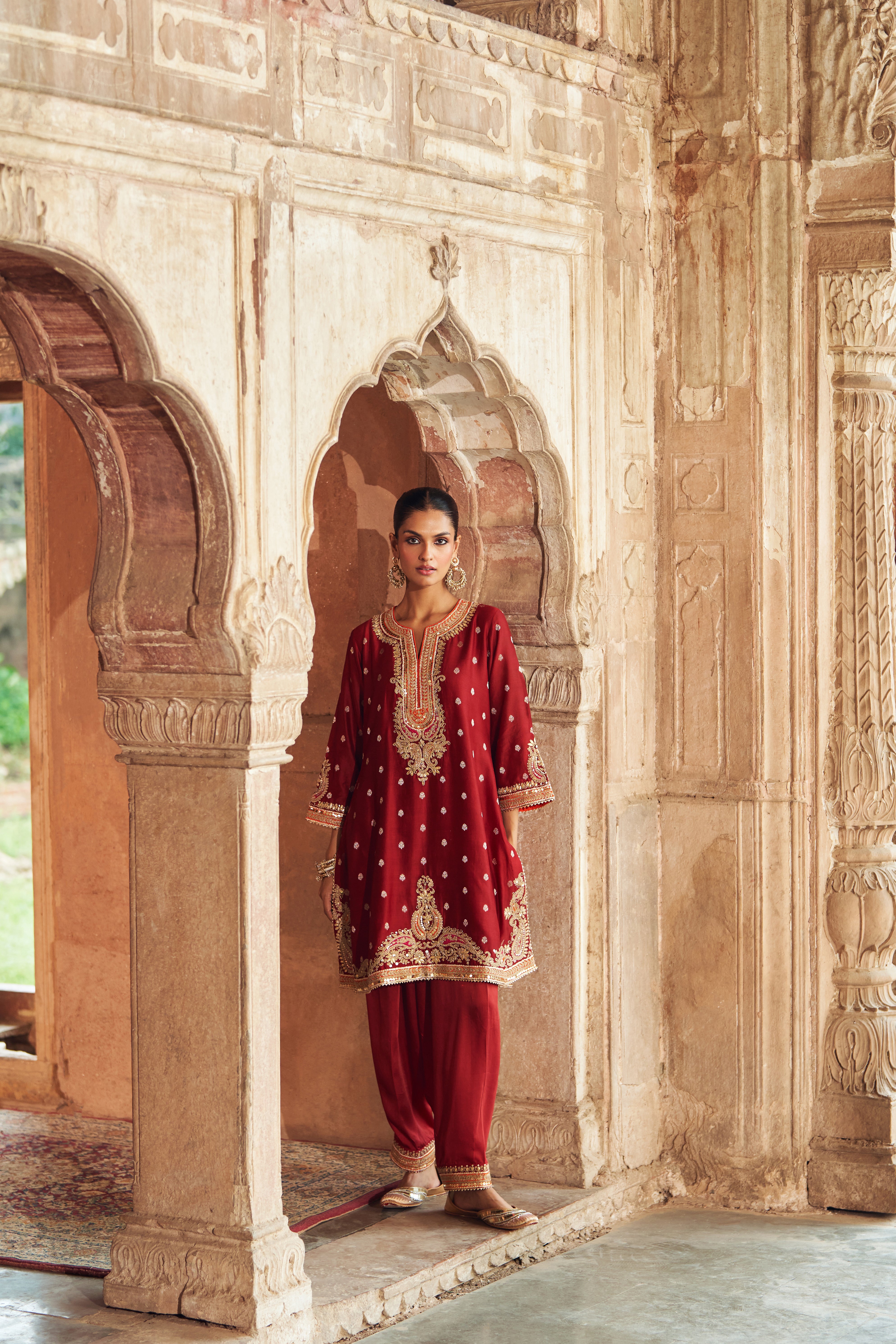 MEHWISH - DEEP RED SHORT KURTA WITH SALWAR AND DUPATTA