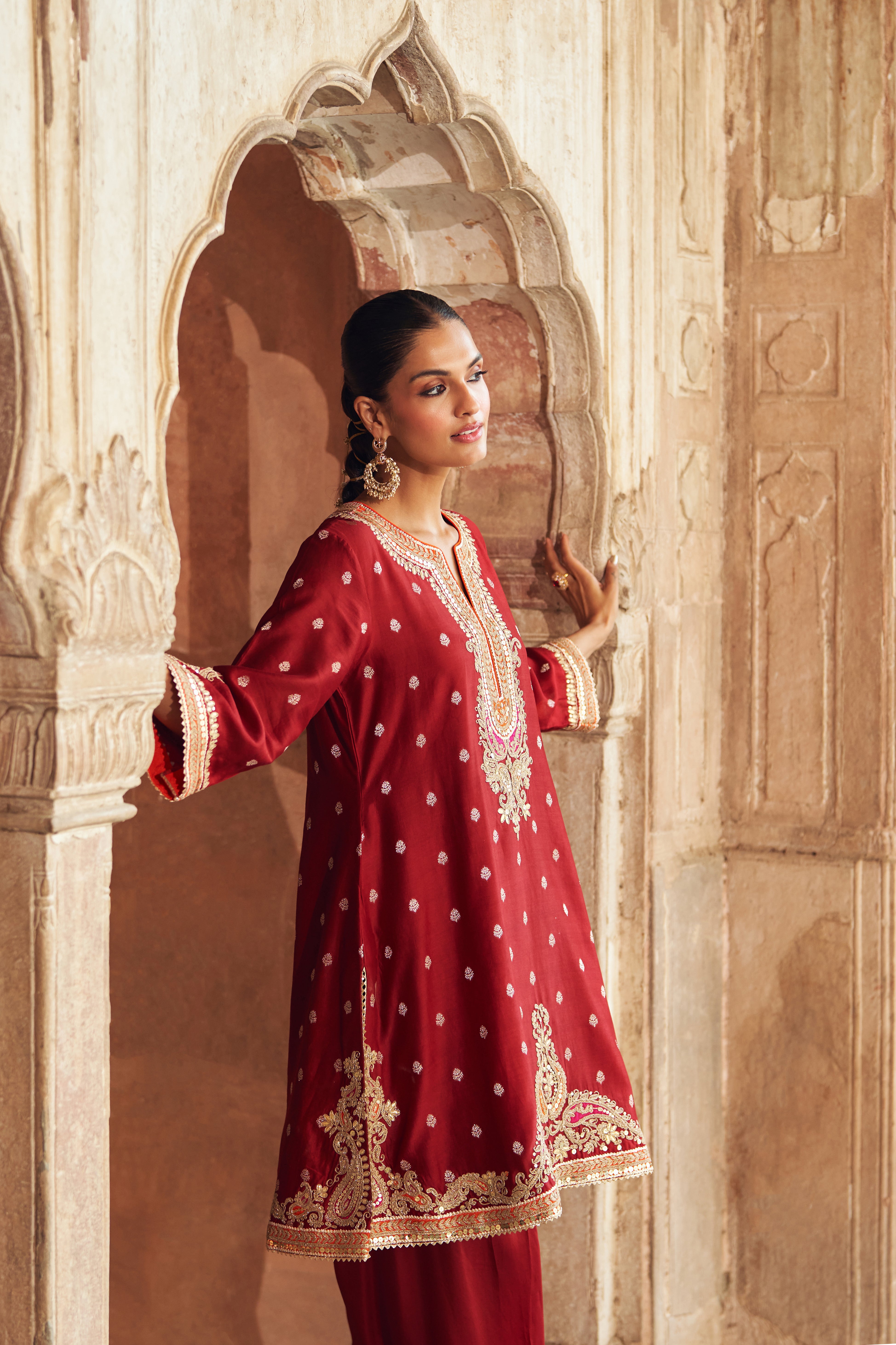 MEHWISH - DEEP RED SHORT KURTA WITH SALWAR AND DUPATTA