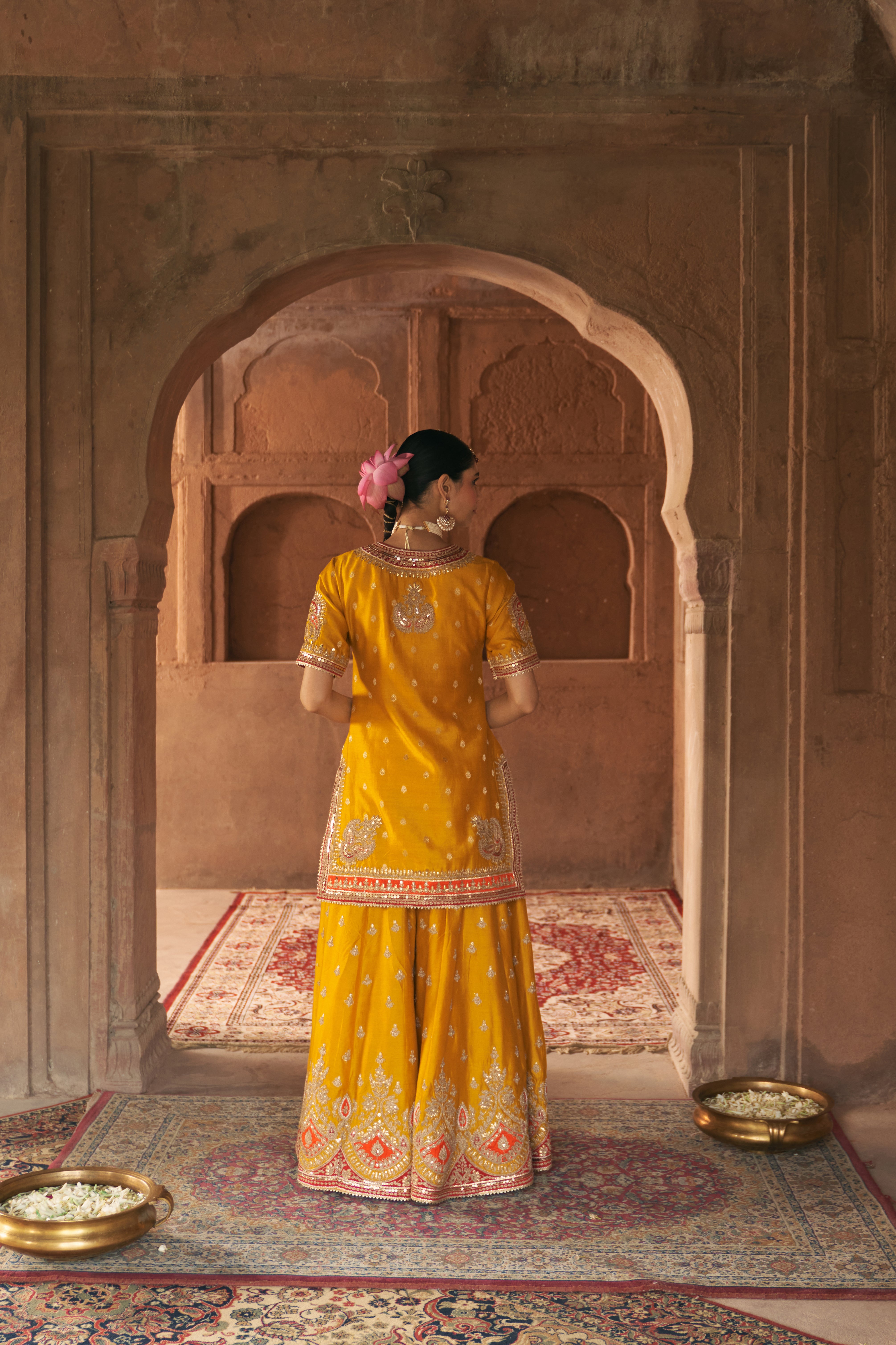 AREESHA - MUSTARD SHORT KURTA WITH SHARARA AND DUPATTA