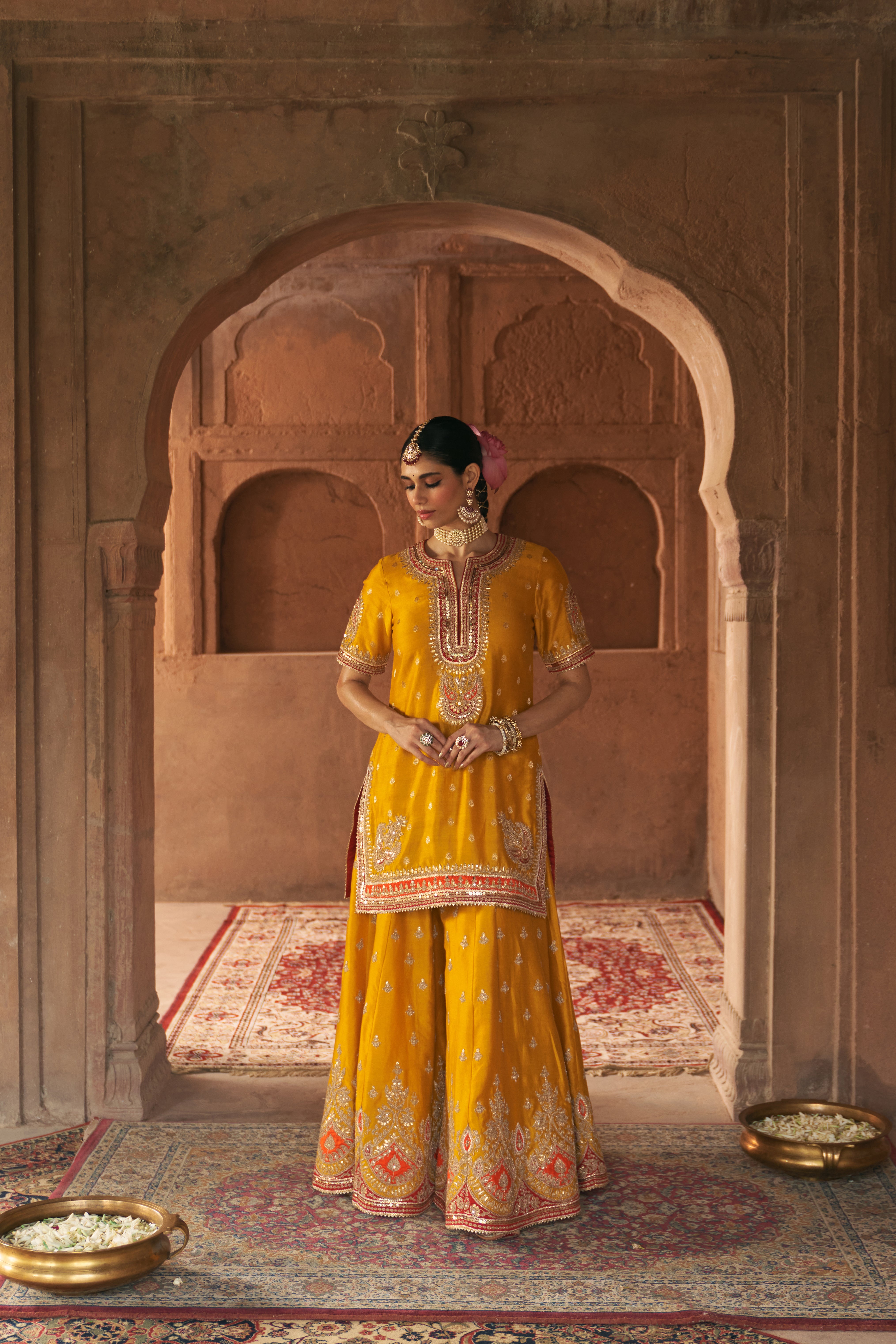 AREESHA - MUSTARD SHORT KURTA WITH SHARARA AND DUPATTA