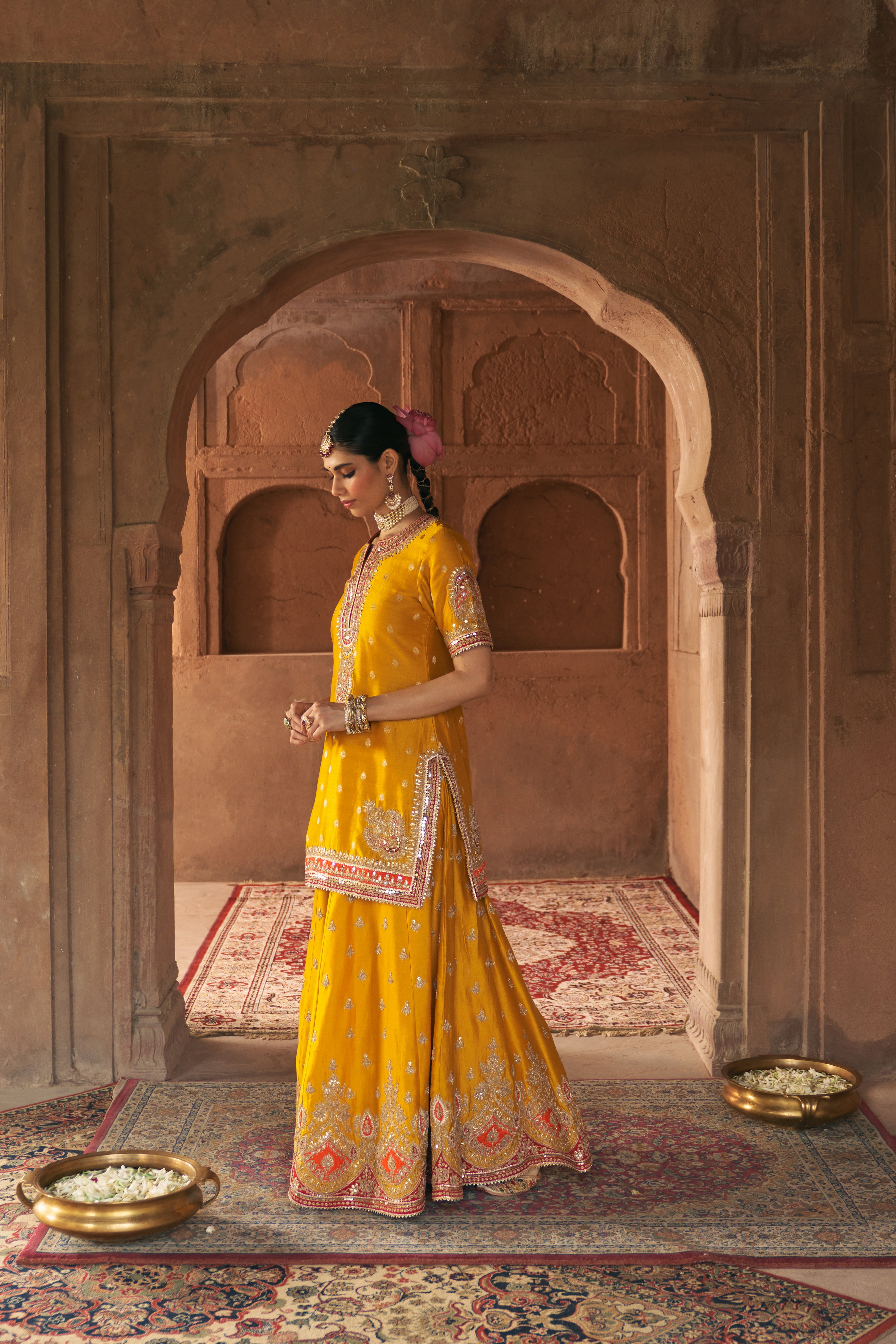 AREESHA - MUSTARD SHORT KURTA WITH SHARARA AND DUPATTA