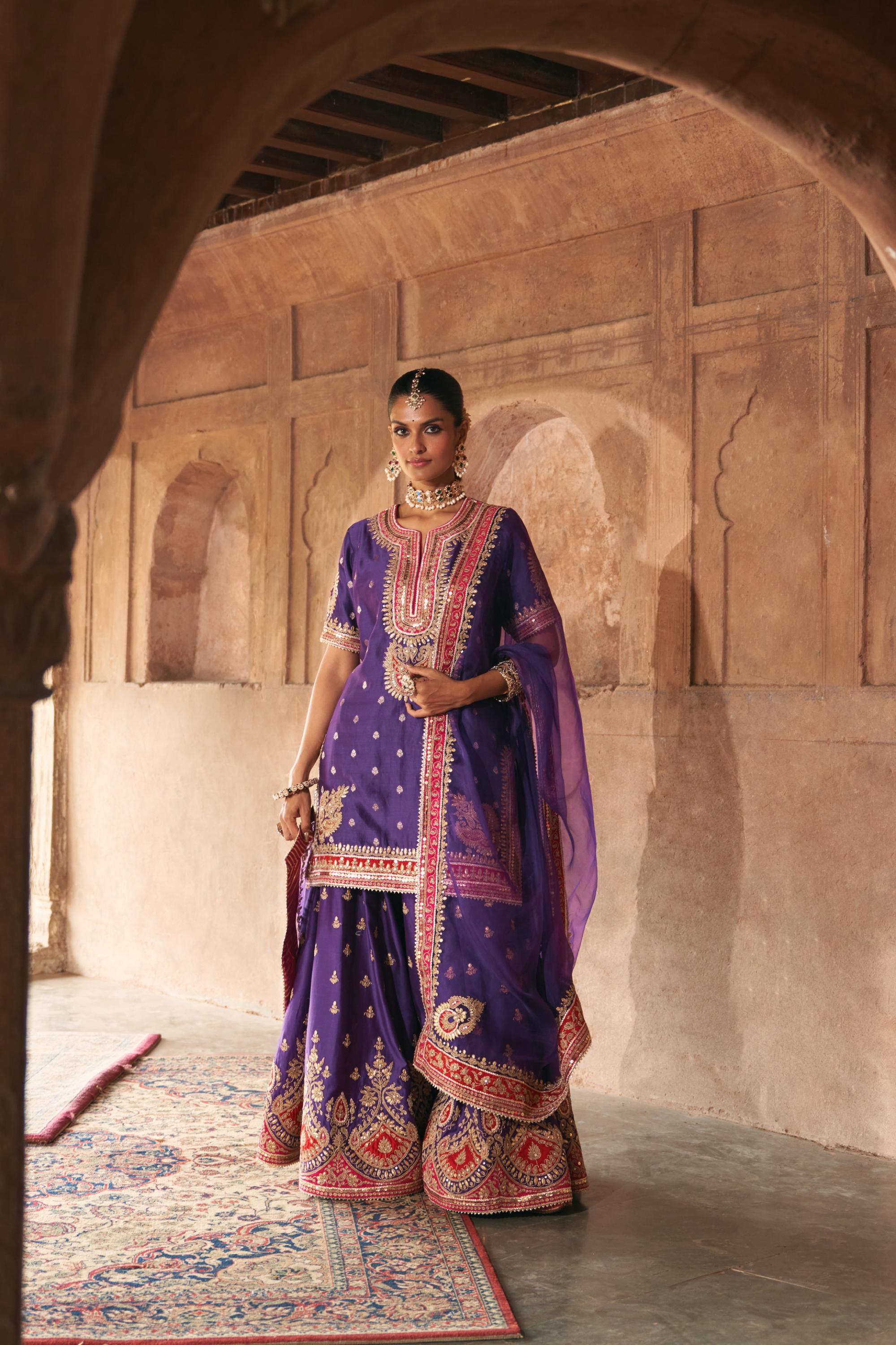 AREESHA - DEEP PURPLE SHORT KURTA WITH SHARARA AND DUPATTA