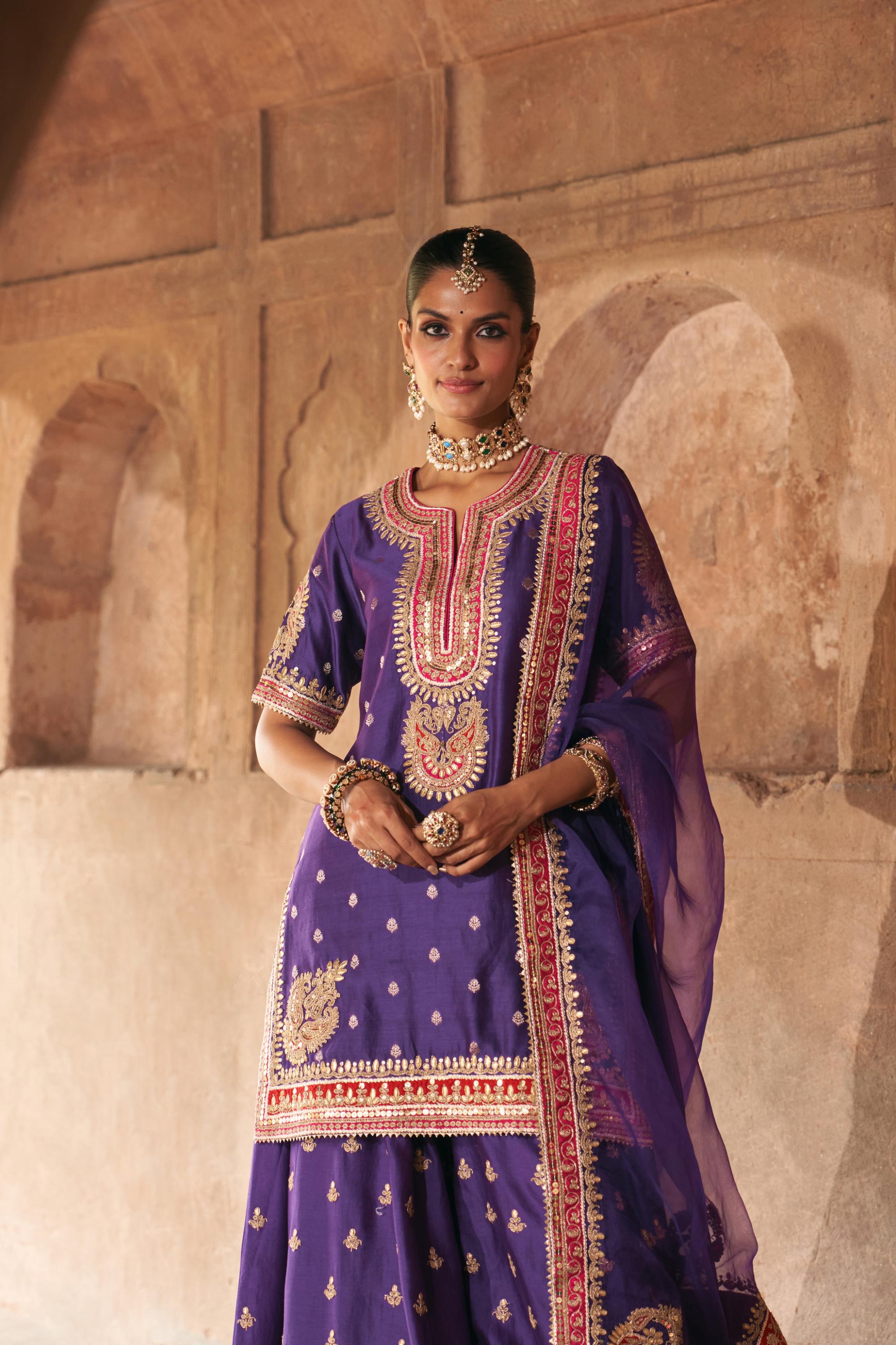 AREESHA - DEEP PURPLE SHORT KURTA WITH SHARARA AND DUPATTA