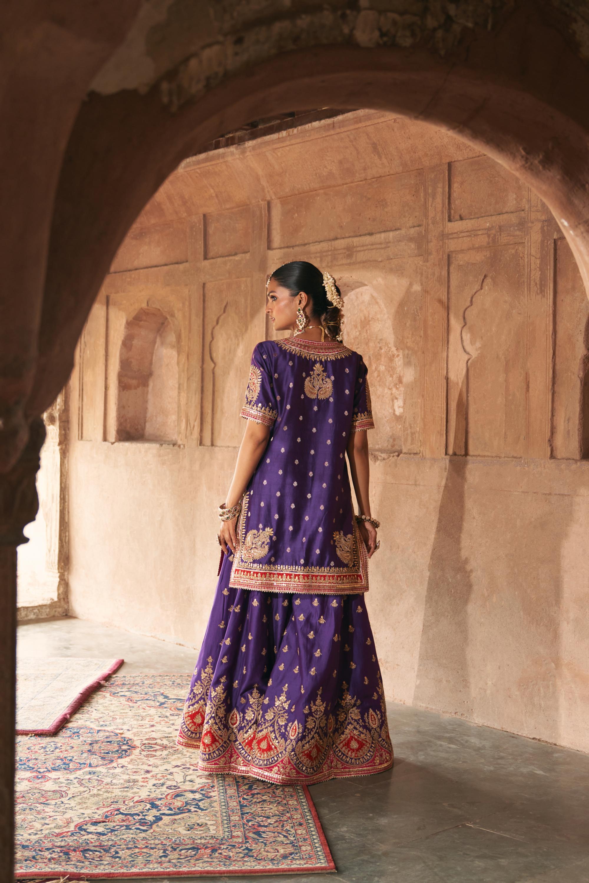 AREESHA - DEEP PURPLE SHORT KURTA WITH SHARARA AND DUPATTA