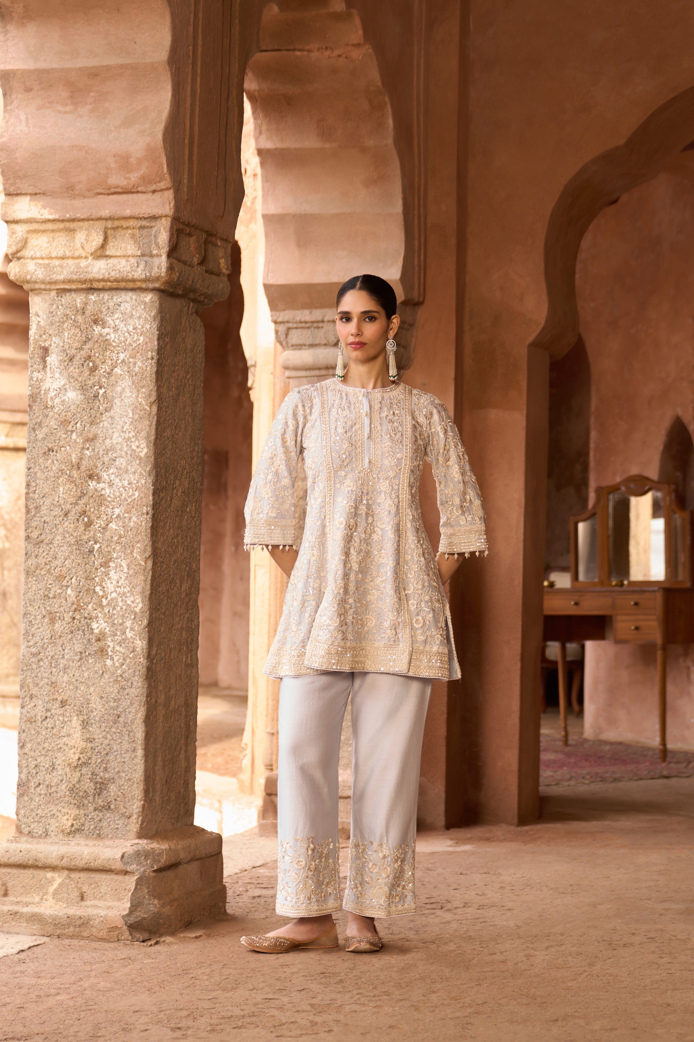 SABOOR - BLUE SHORT A-LINE KURTA WITH STRAIGHT PANTS AND DUPATTA