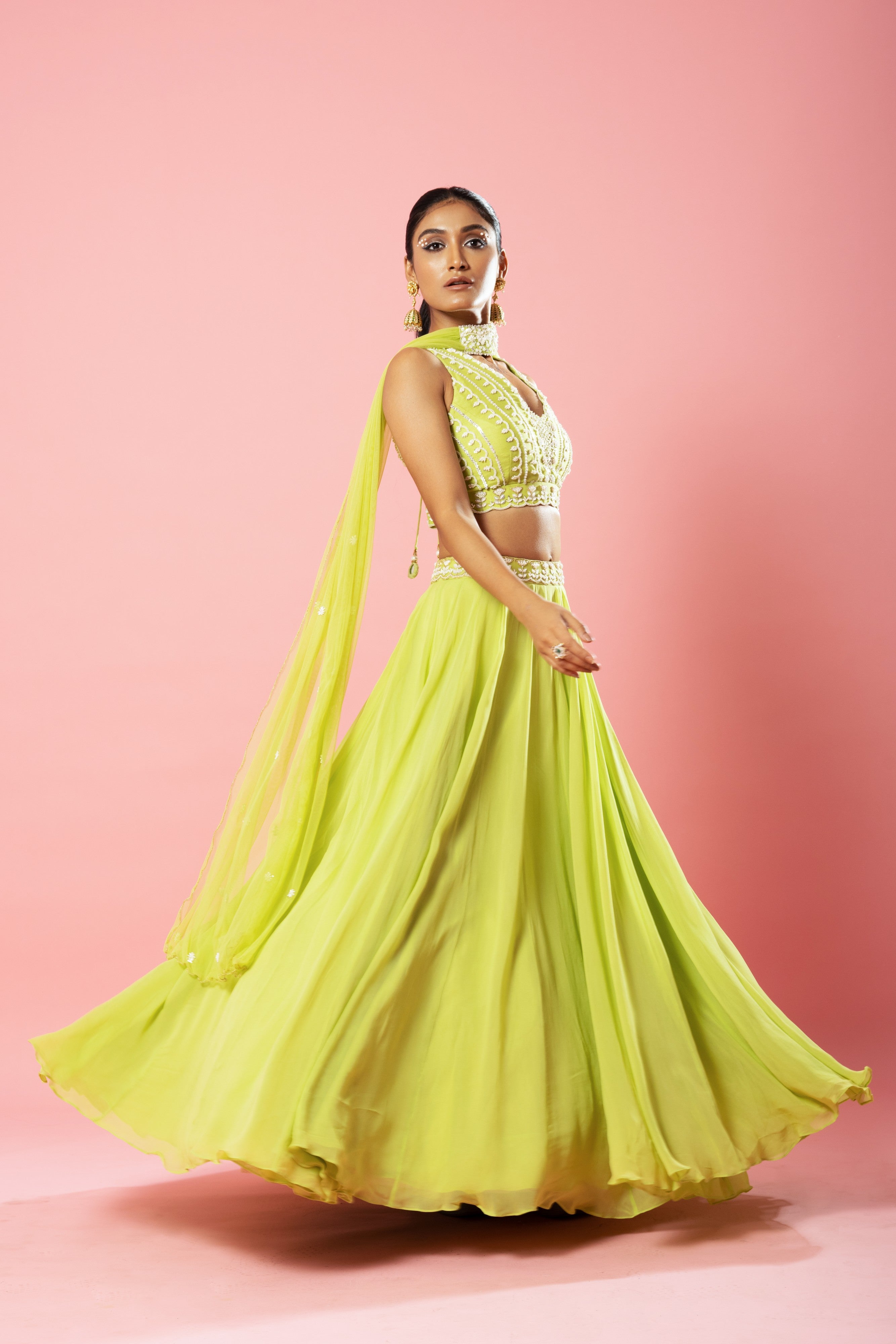 Lime Green Embroidered Lehenga