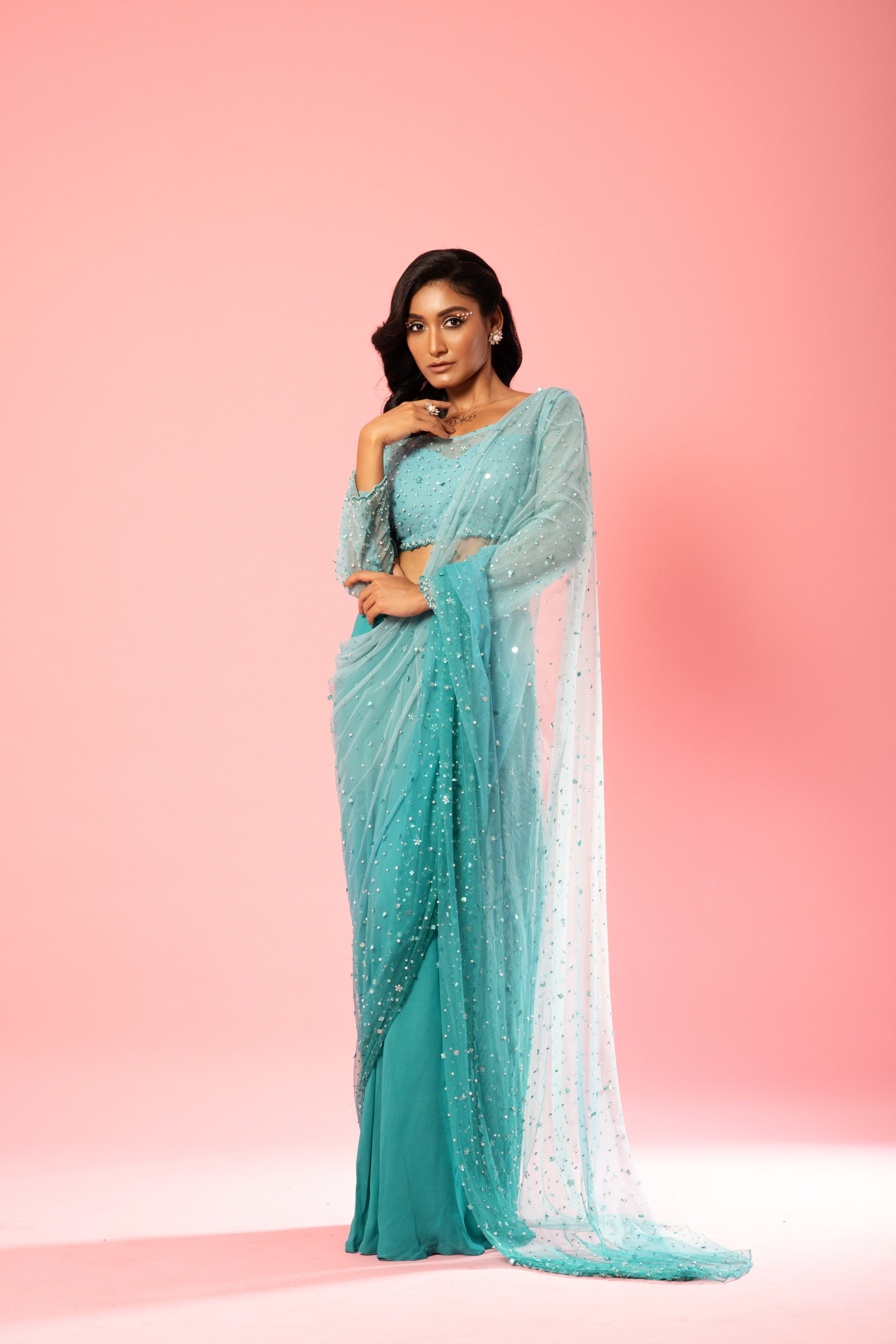 Teal and Powder Blue Ombre Pre-Stitched Saree