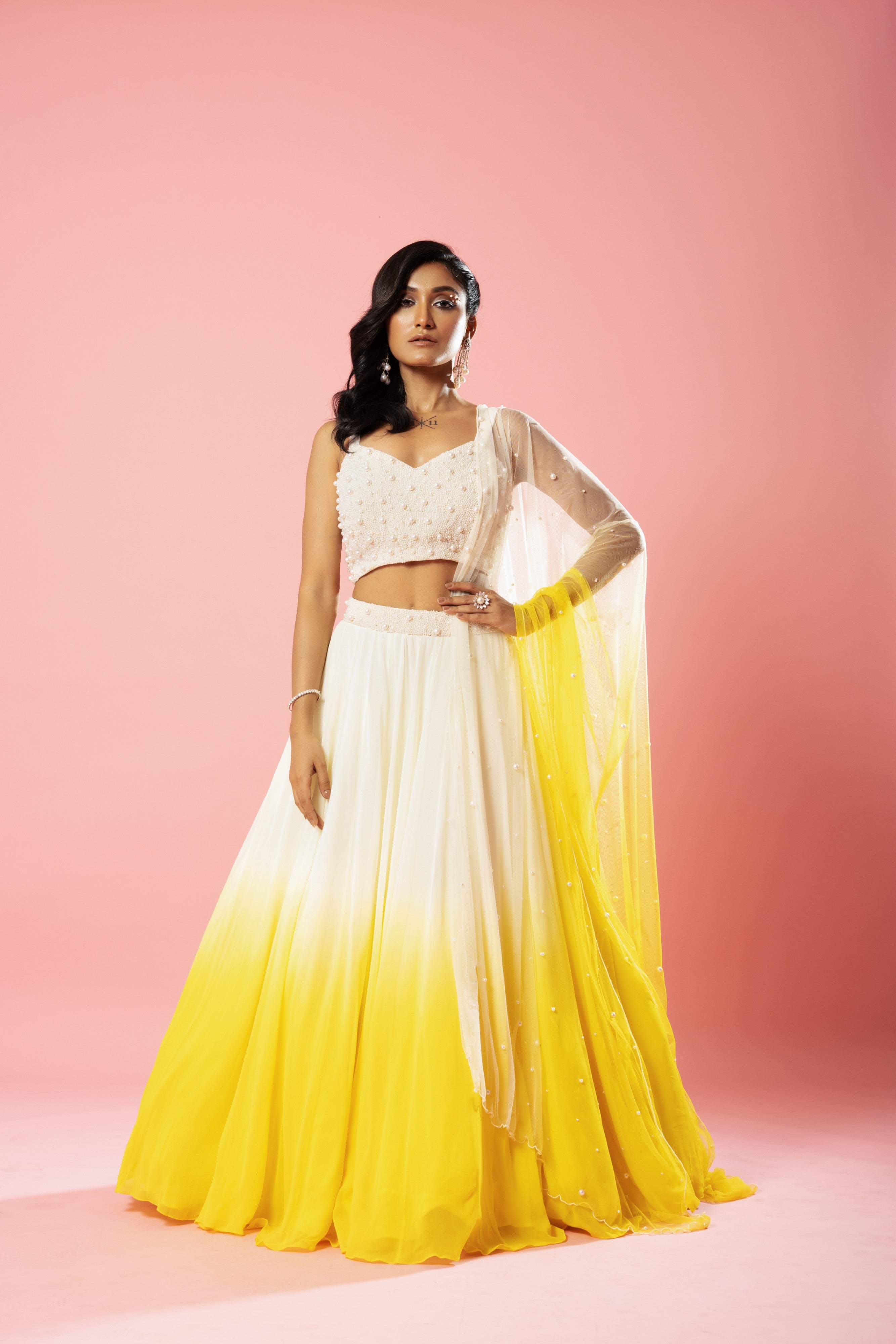 Ivory and yellow ombre lehenga set