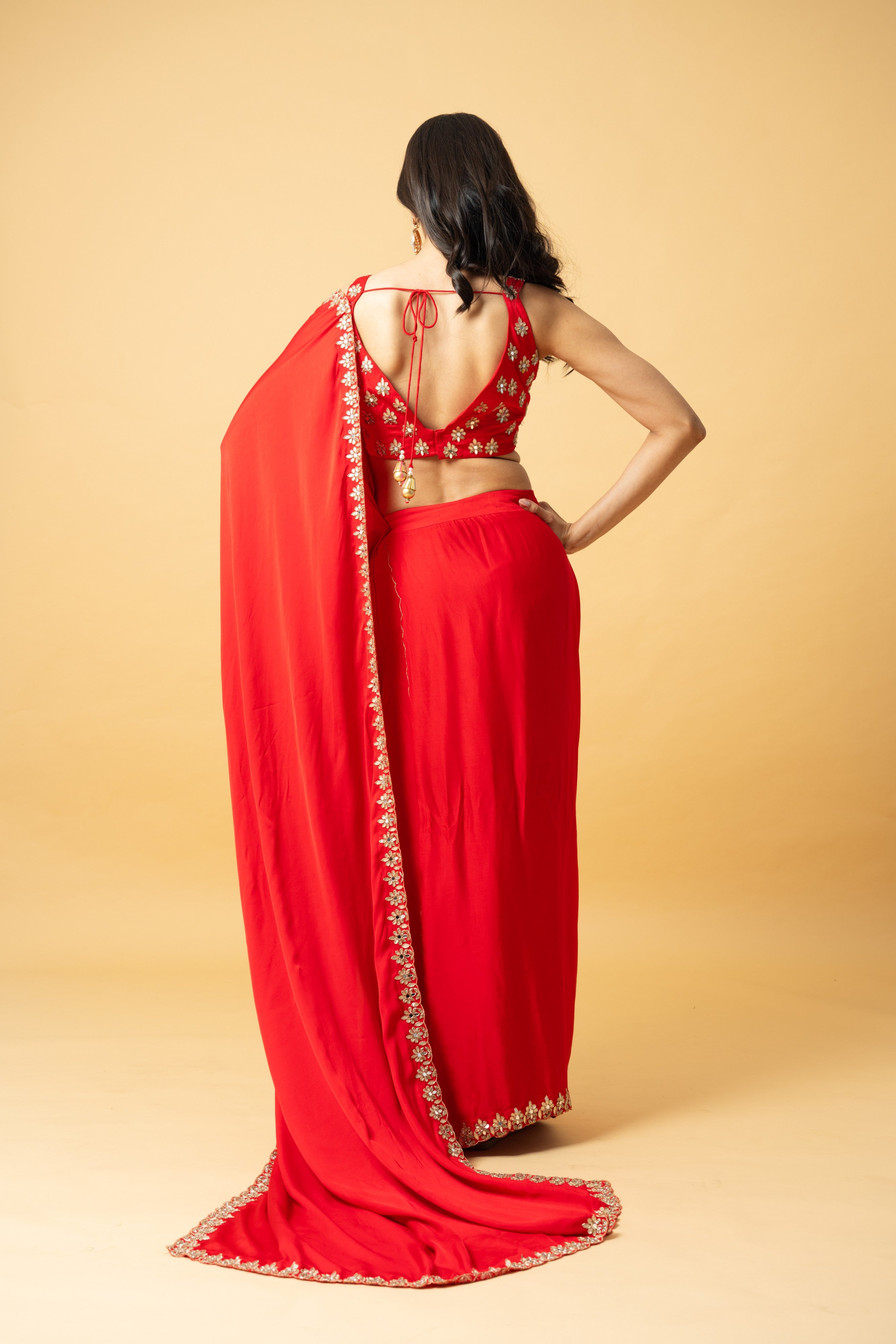 Red Modal Satin Saree with Hand-Embroidered Blouse