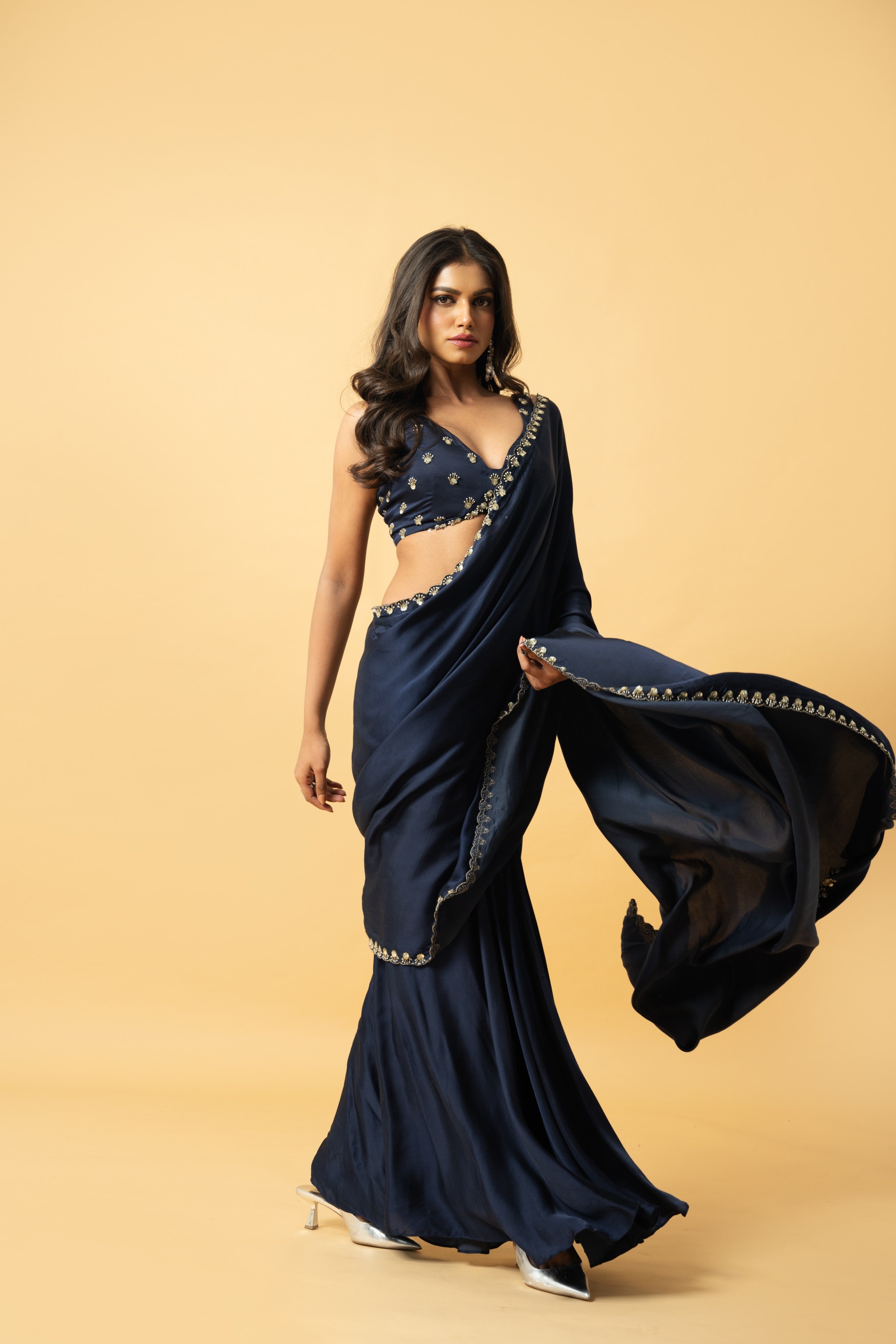 Blue Modal Satin Pre-Draped Saree with Embroidered Blouse