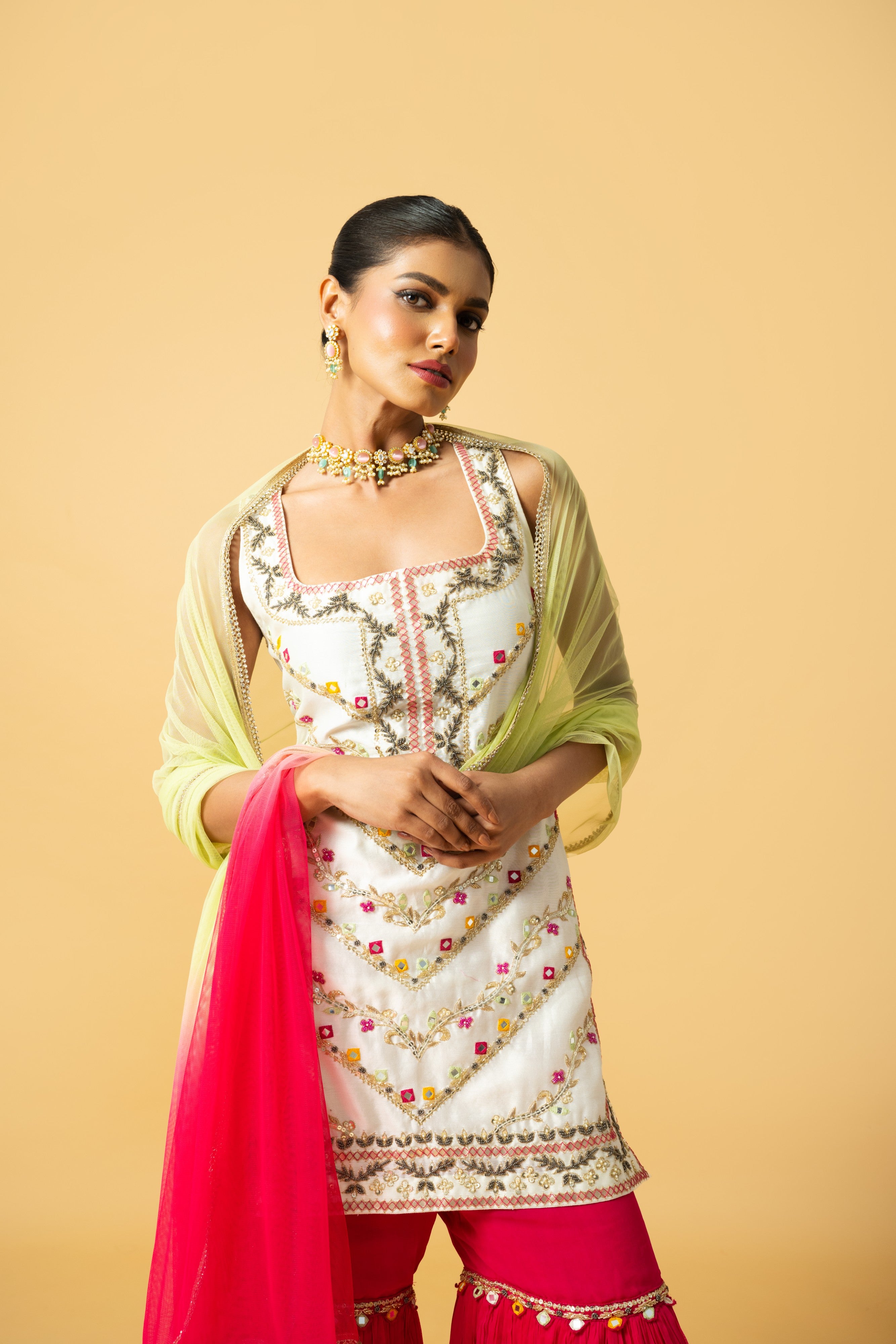Ivory Kurta with Pink Sharara and Lime Green Dupatta