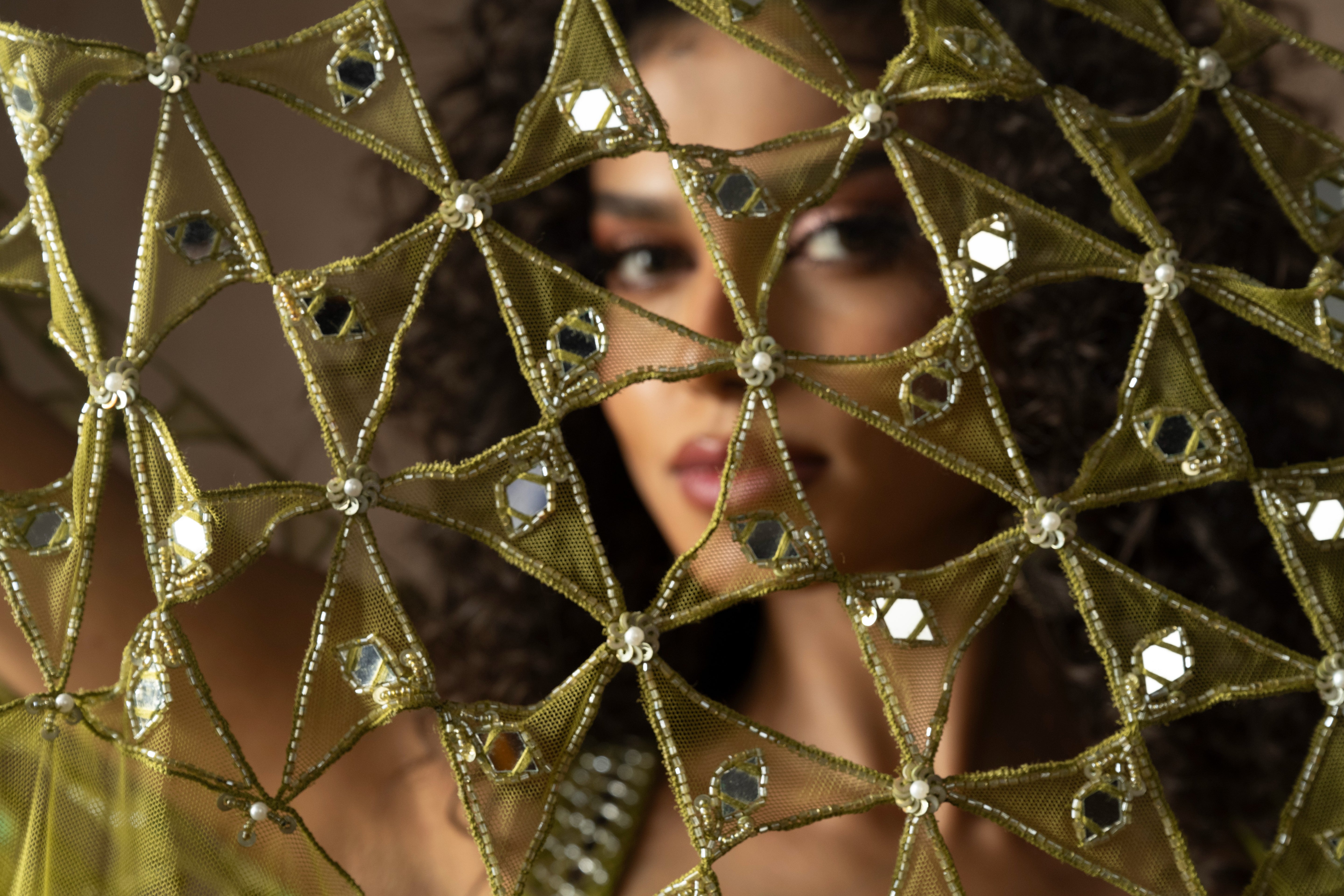Predraped , mehendi green , hand embroidered net & satin saree