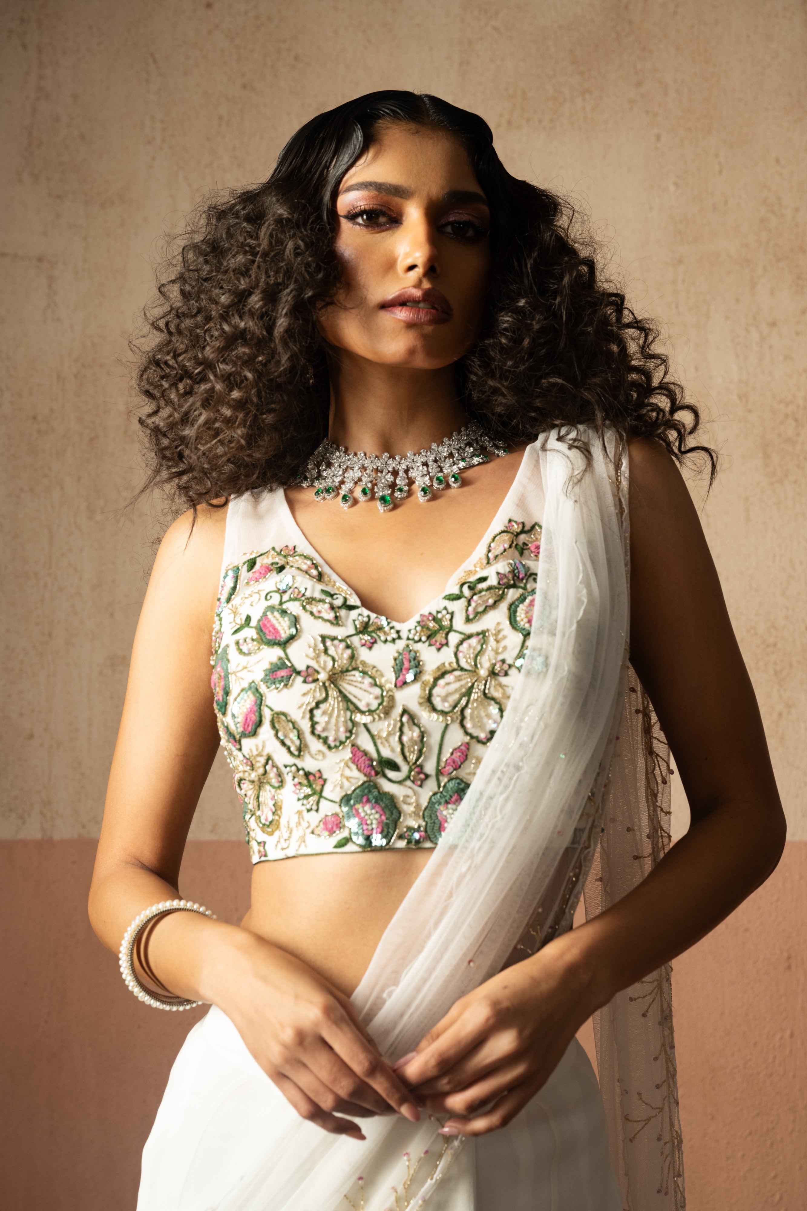Fishtail style , white & multicoloured hand embroidered georgette fishtail saree, concept saree